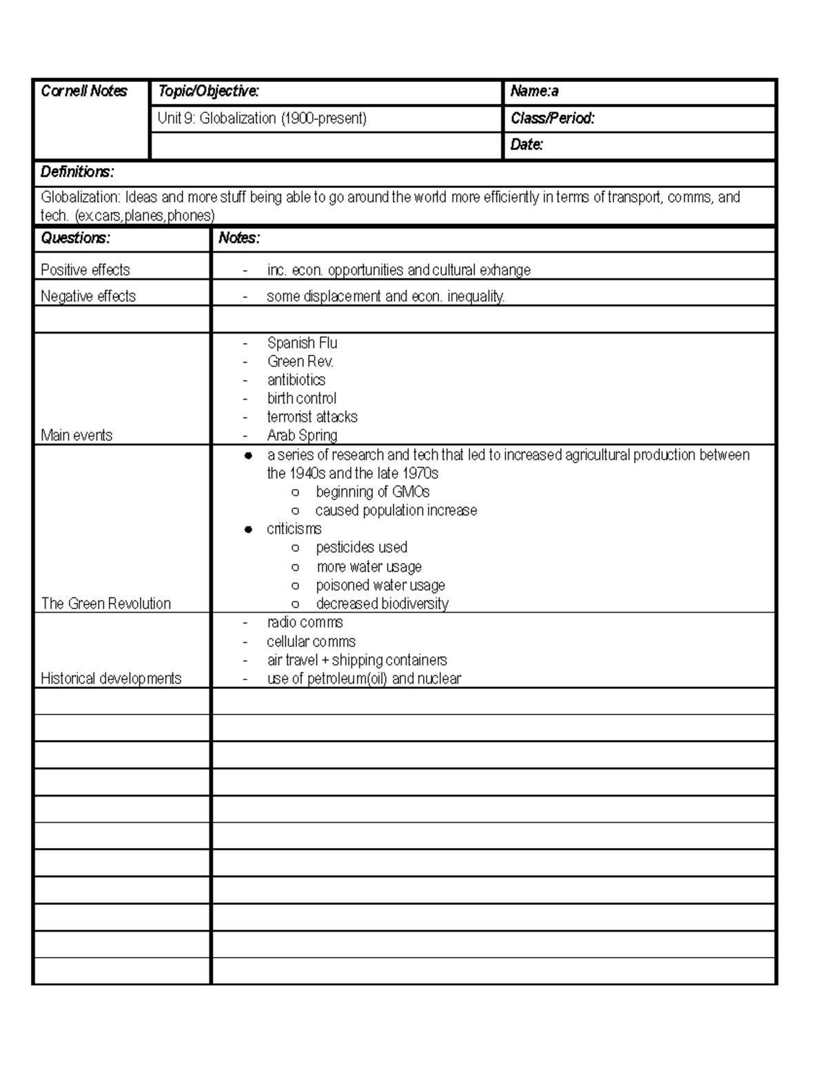 Cornell Notes Template - Cornell Notes Topic/Objective: Name:a Unit 9 ...