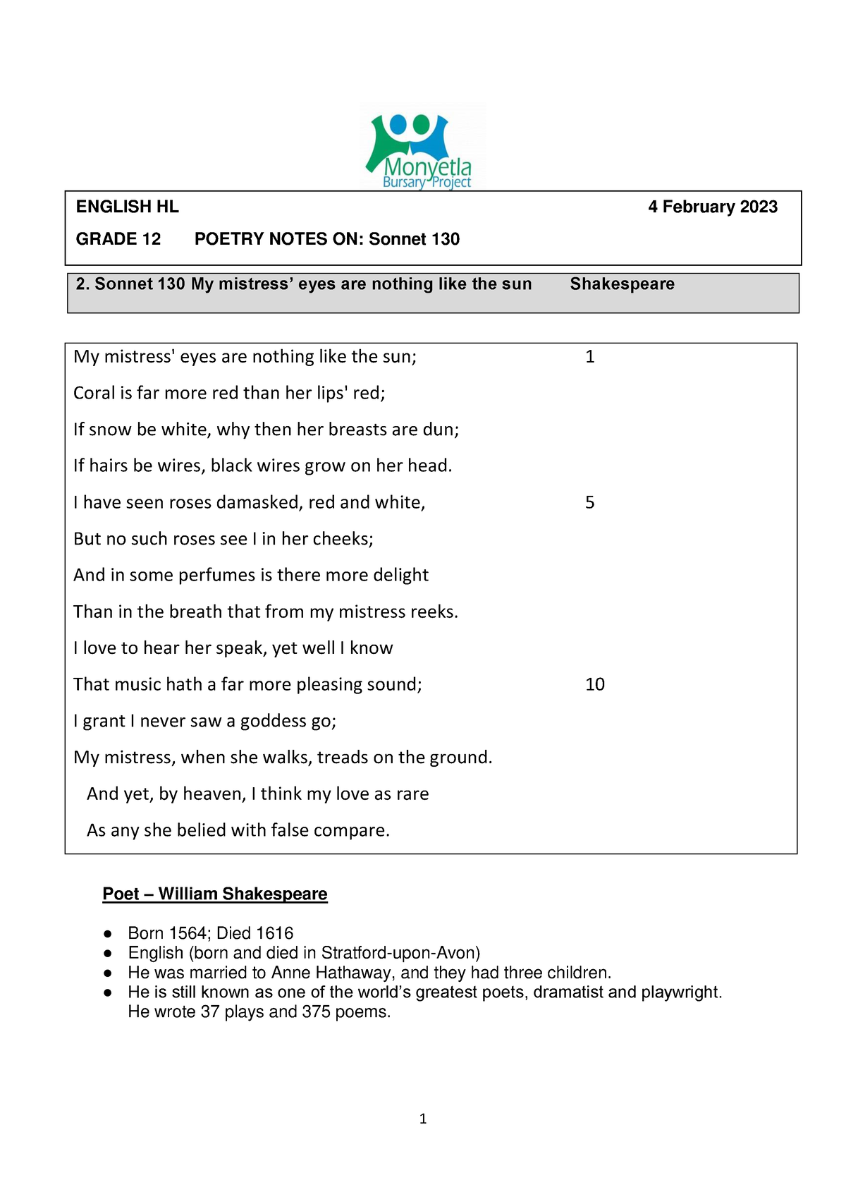 Sonnet-130- Final (2) - for exams - Sonnet 130 My mistress’ eyes are ...