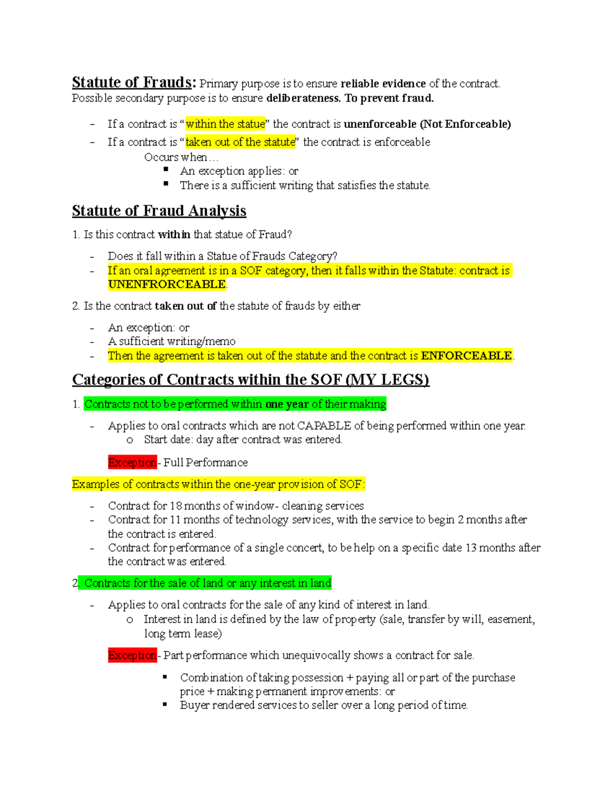 Semester 2 outline vfder Statute of Frauds Primary purpose is to