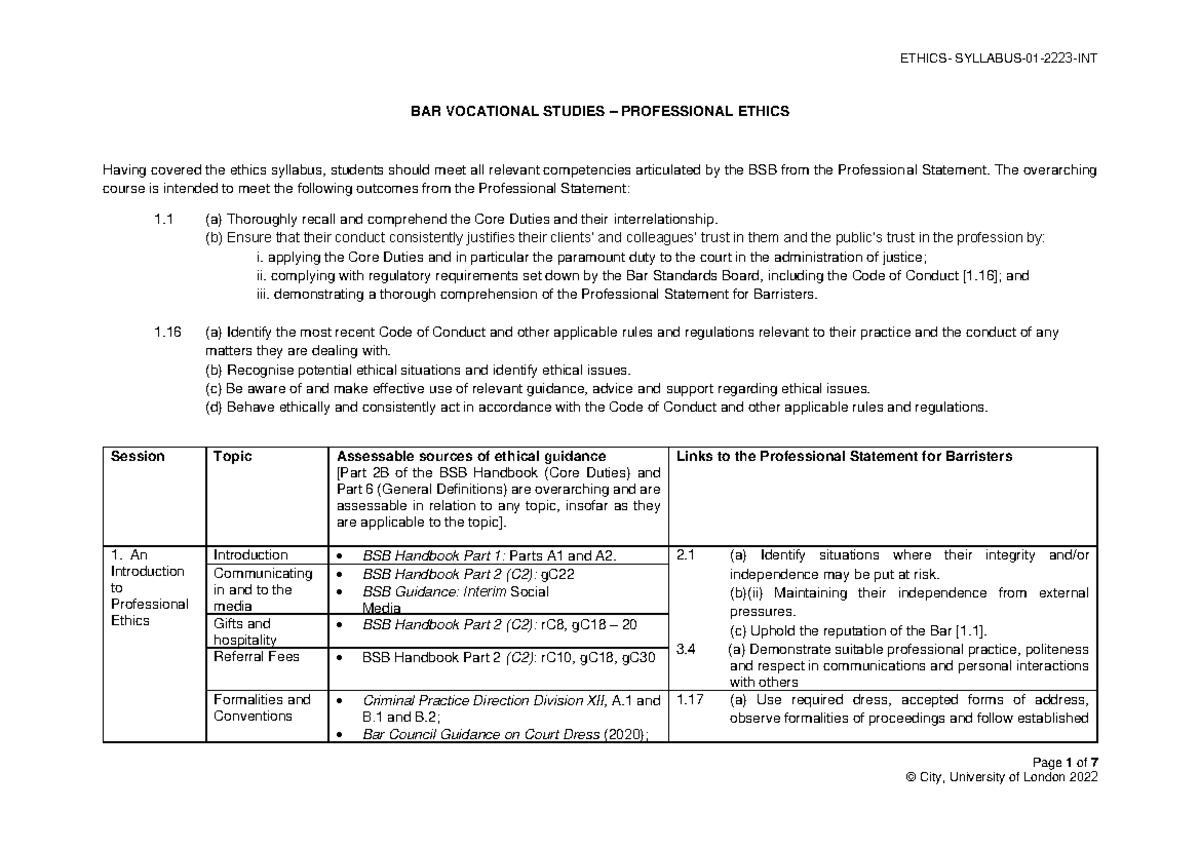 BVS Professional Ethics Syllabus 2223 - Page 1 of 7 BAR VOCATIONAL ...