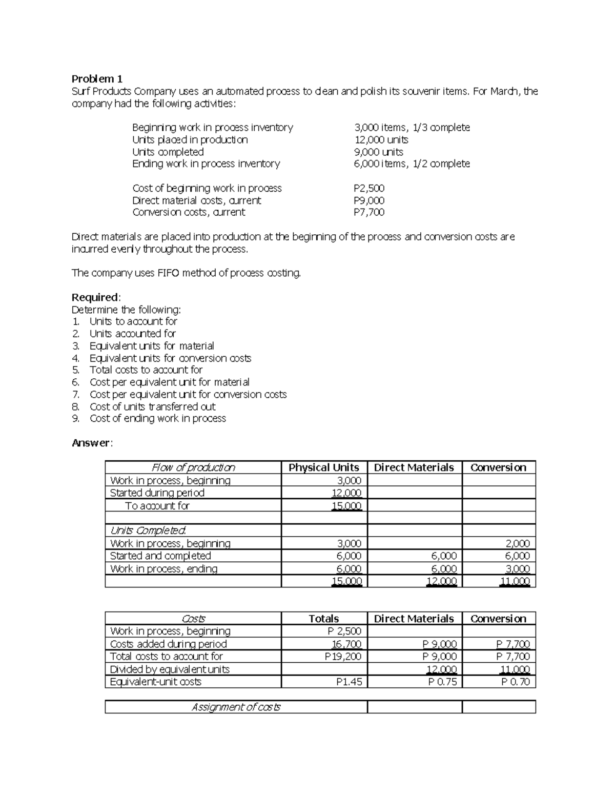 Practice Problems with Answers - Process Costing FIFO Method - Problem ...