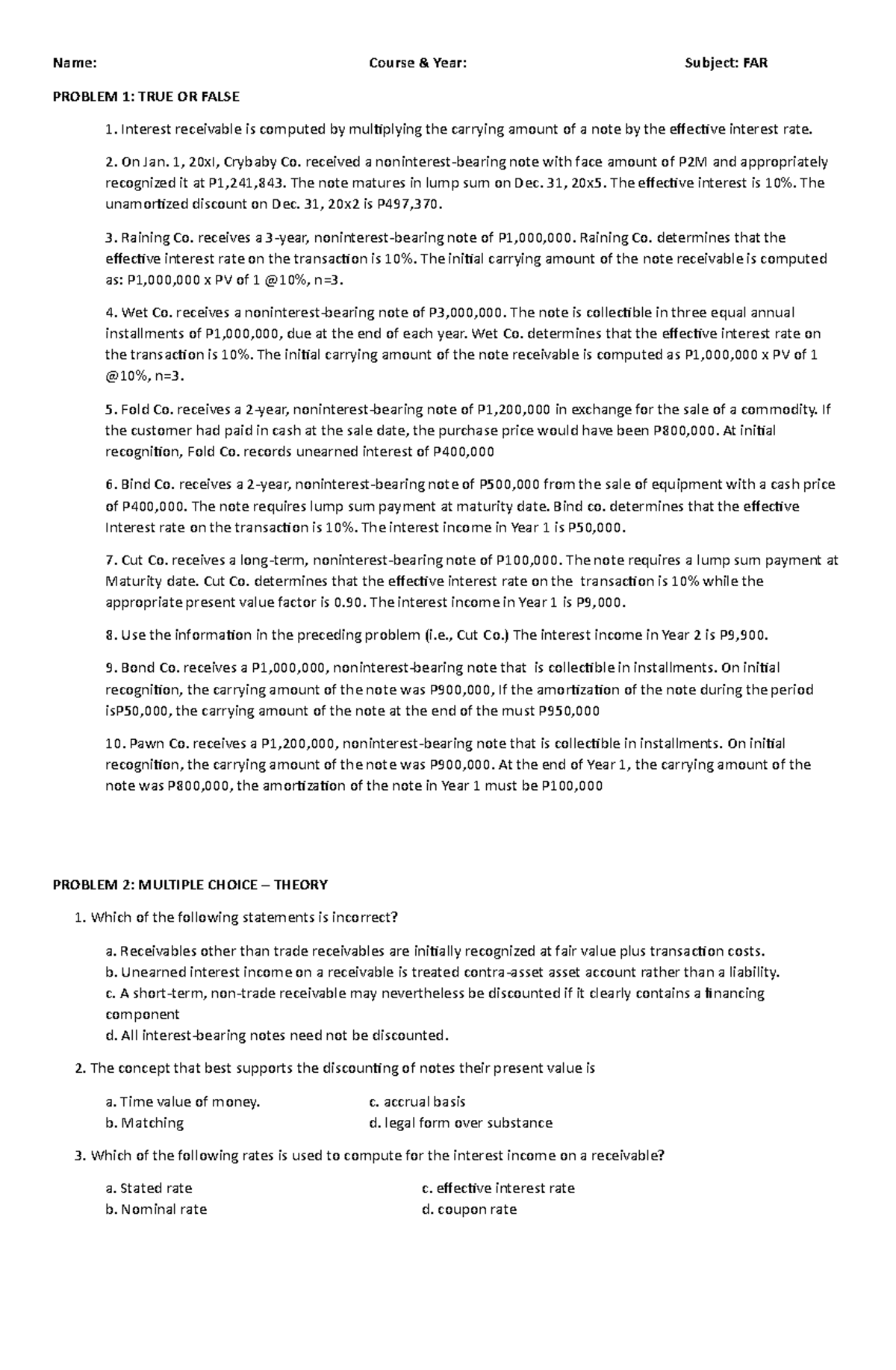 FAR Notes Receivable Assignment - Name: Course & Year: Subject: FAR ...