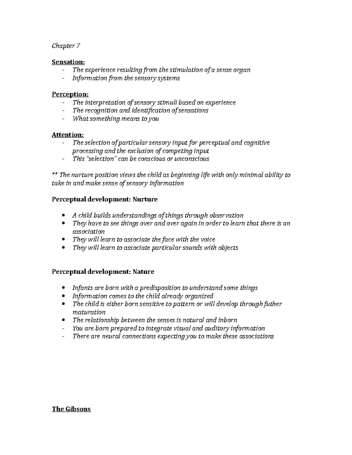 Lecture notes, lecture 7 - Detailed class notes - Chapter 7 Sensation ...