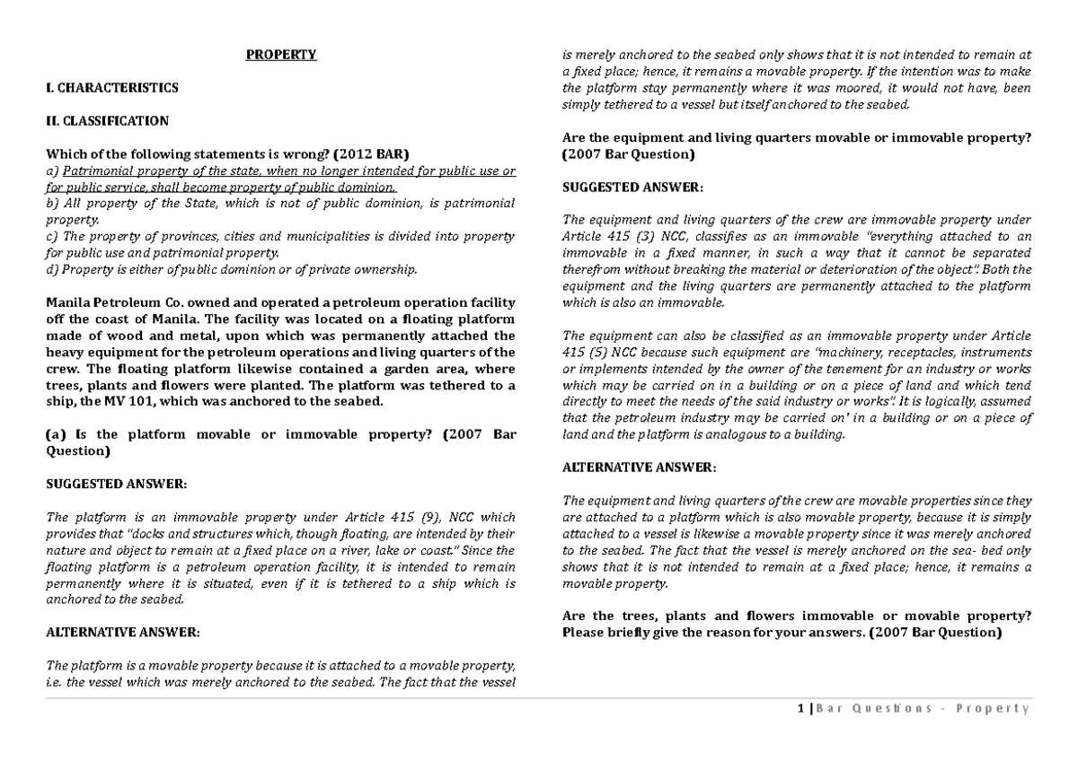 Property Bar Qs - PROPERTY I. CHARACTERISTICS II. CLASSIFICATION Which ...