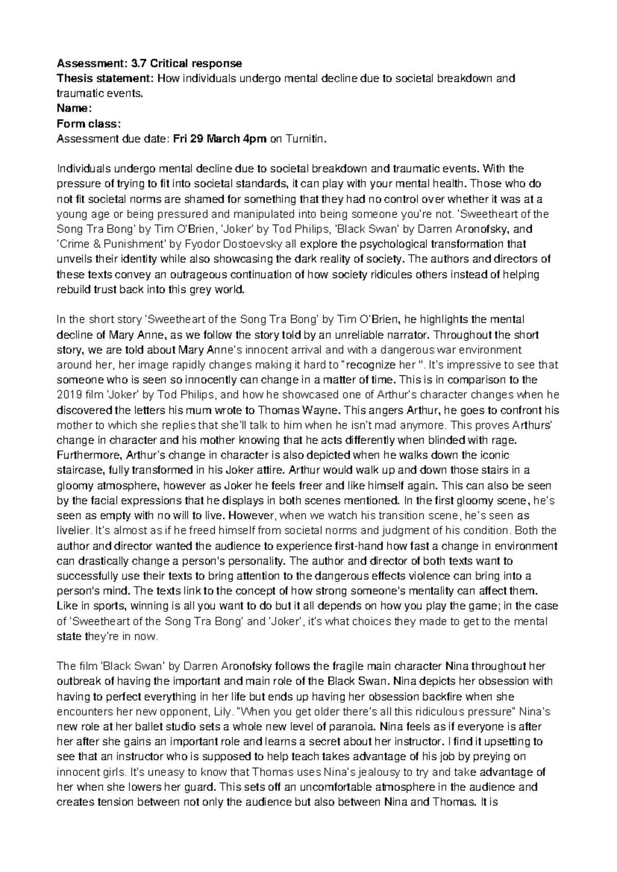 3.7 Critical response - Assessment: 3 Critical response Thesis ...