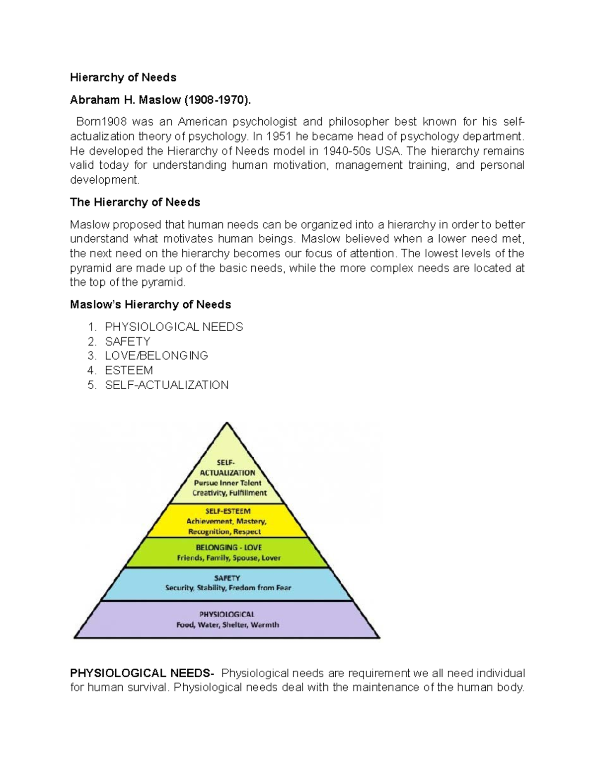 Hierarchy-of-needs - Hierarchy of needs by Abraham Maslow. It has a 5 ...