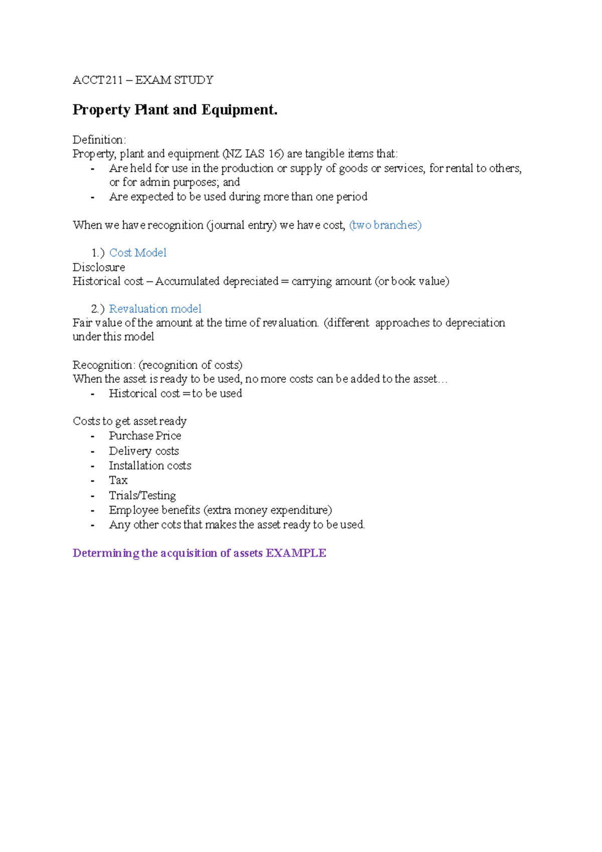 ACCT211 EXAM Study ACCT211 EXAM STUDY Property Plant and Equipment