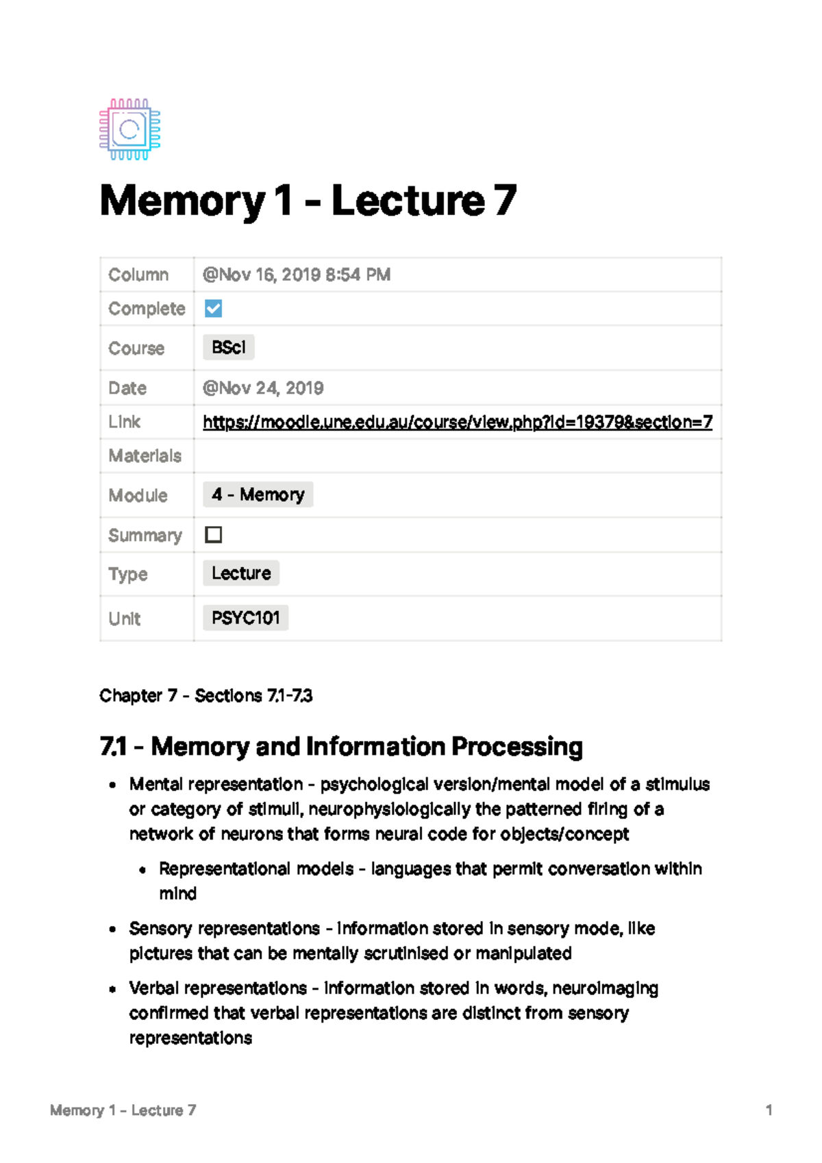 Memory 1 - Lecture 7 - Memory 1 - Lecture 7 Column Complete Course BSci ...