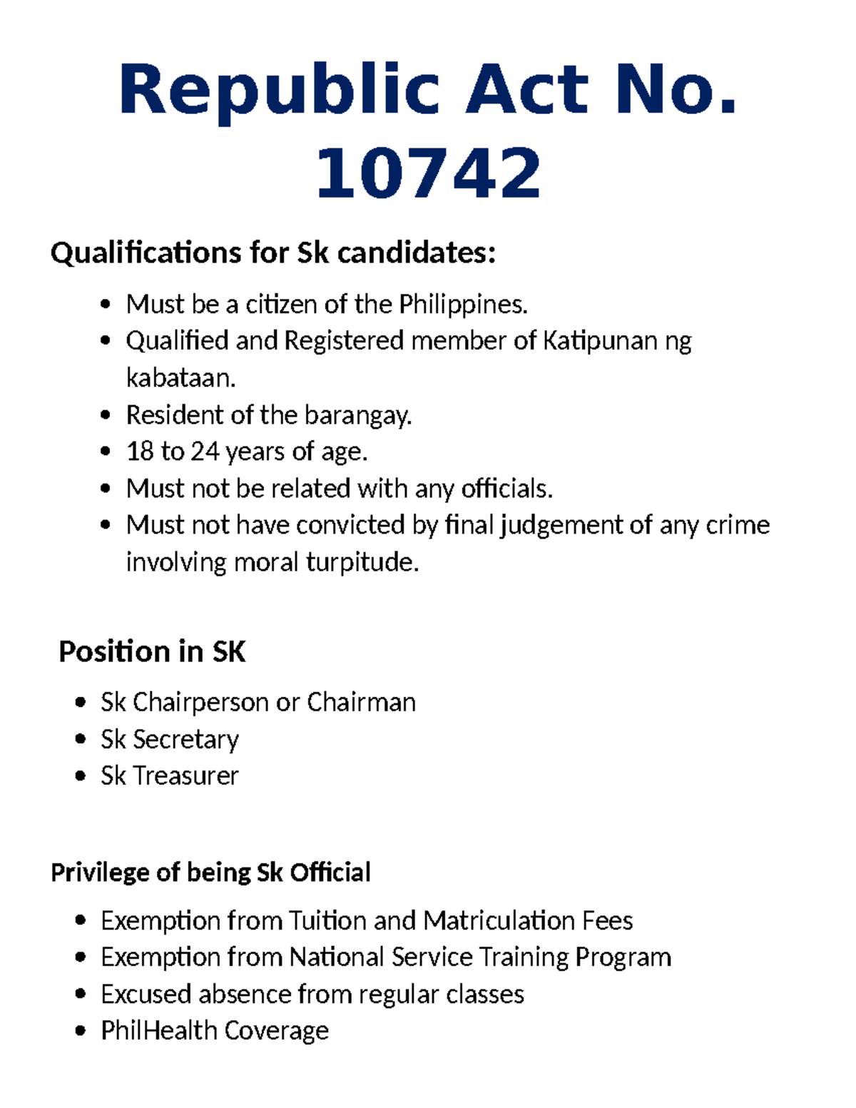 Republic Act No1 - 10742 Qualifications for Sk candidates: Must be a ...