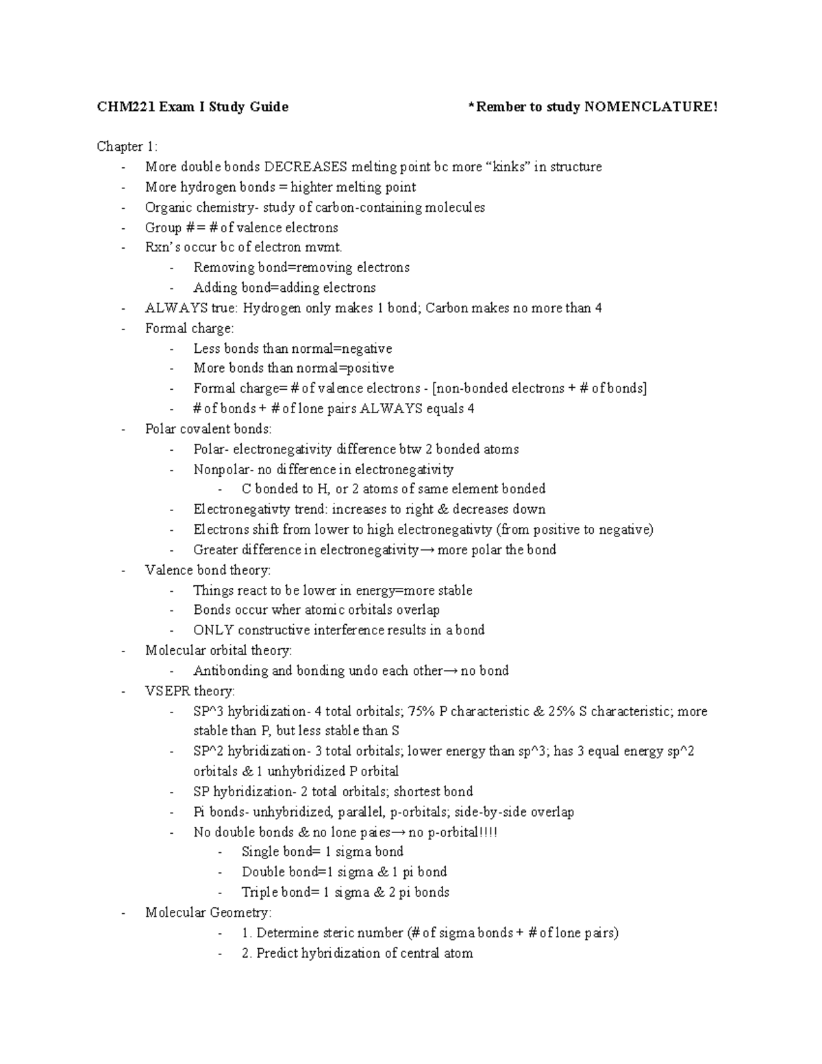 Exam I Review - CHM 221 lecture - CHM221 Exam I Study Guide *Rember to ...