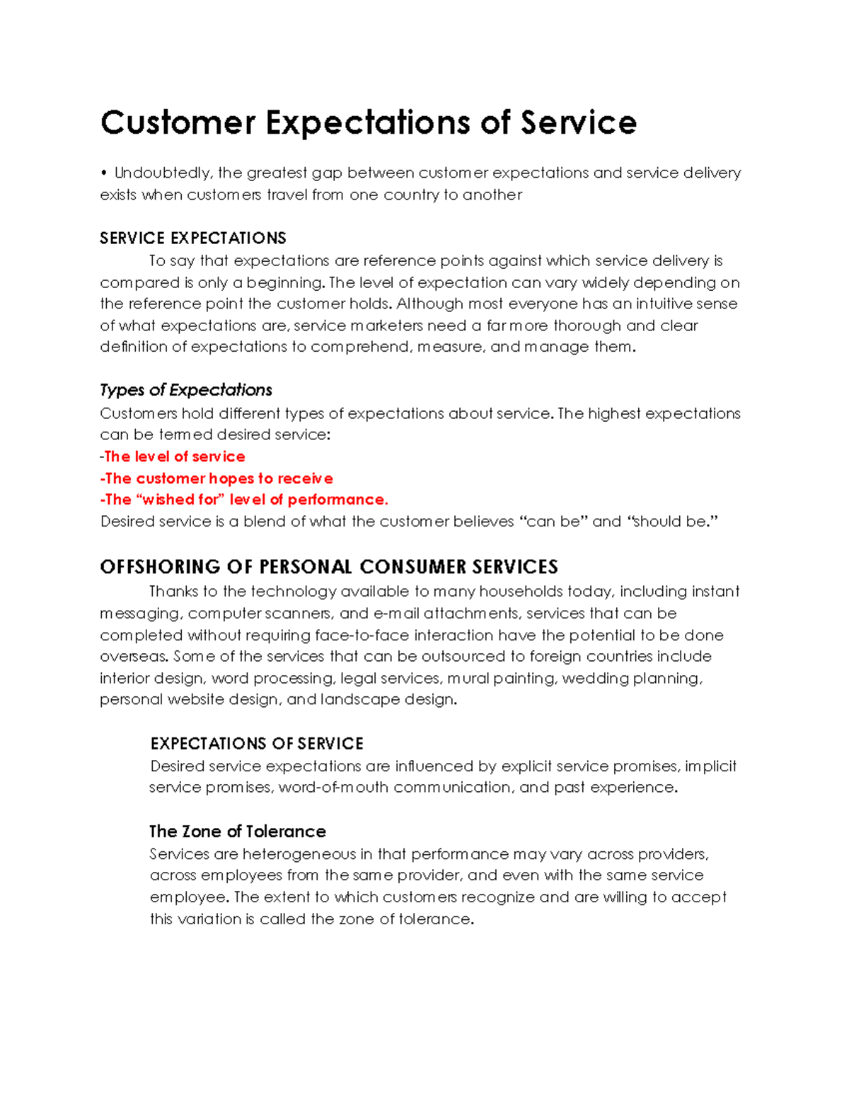 Service Management Prelim Module - Customer Expectations of Service ...