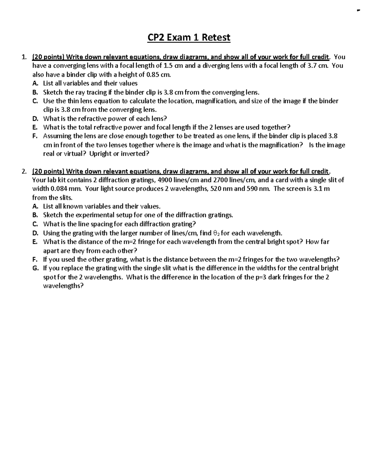 CP2 E1 A - Open response - CP2 Exam 1 Retest (20 points) Write down ...