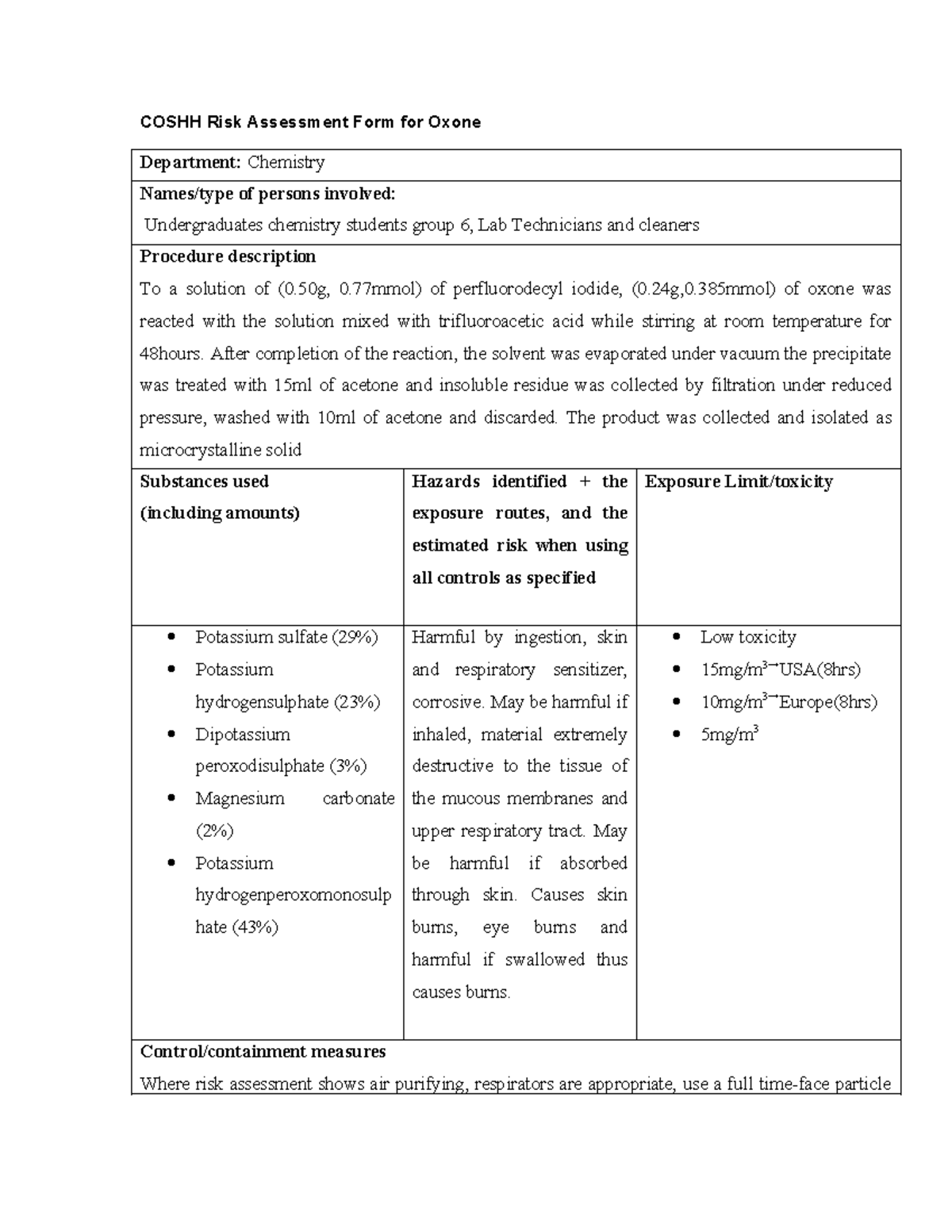 Coshh FORM.wps(oxone Final piece) - COSHH Risk Assessment Form for ...