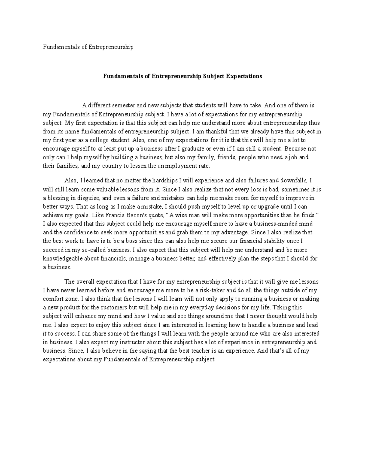 Entrepreneurship Reaction Paper - Fundamentals of Entrepreneurship ...