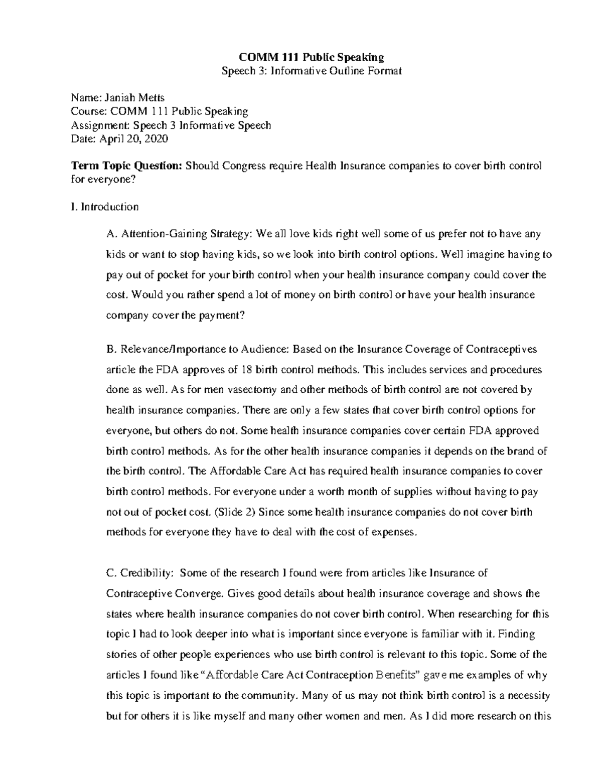 Speech three informative 2 - COMM 111 Public Speaking Speech 3 ...