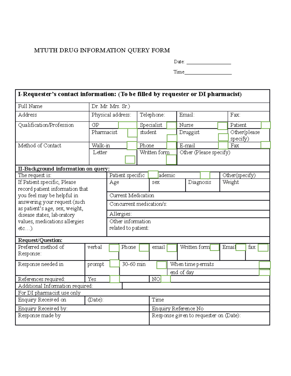 Dic doc MTUTH DRUG INFORMATION QUERY FORM Date _________________ Time__________________ Studocu