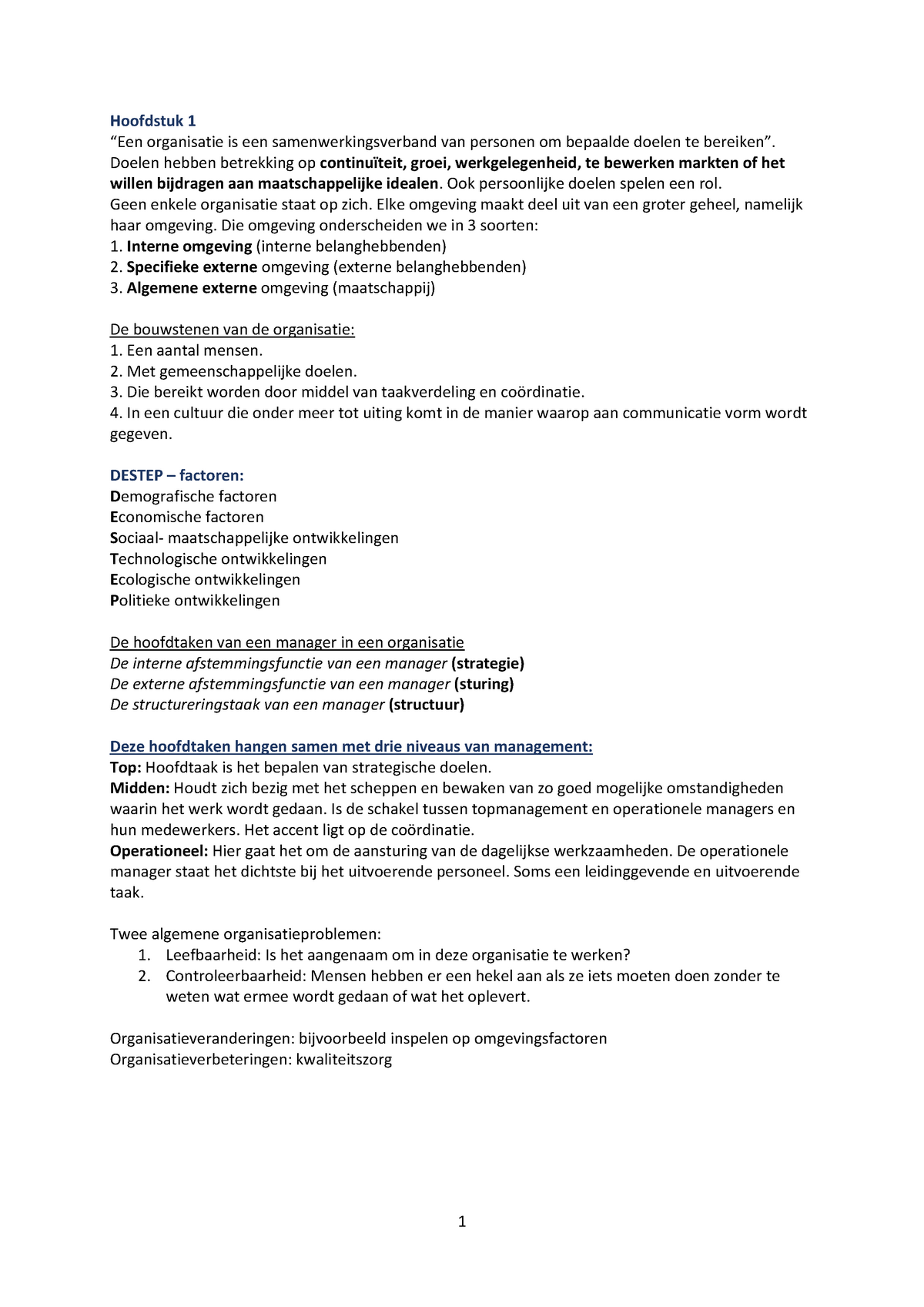 Samenvatting Organiseren And Managen Hoofdstuk 1 Organisatie Is Een