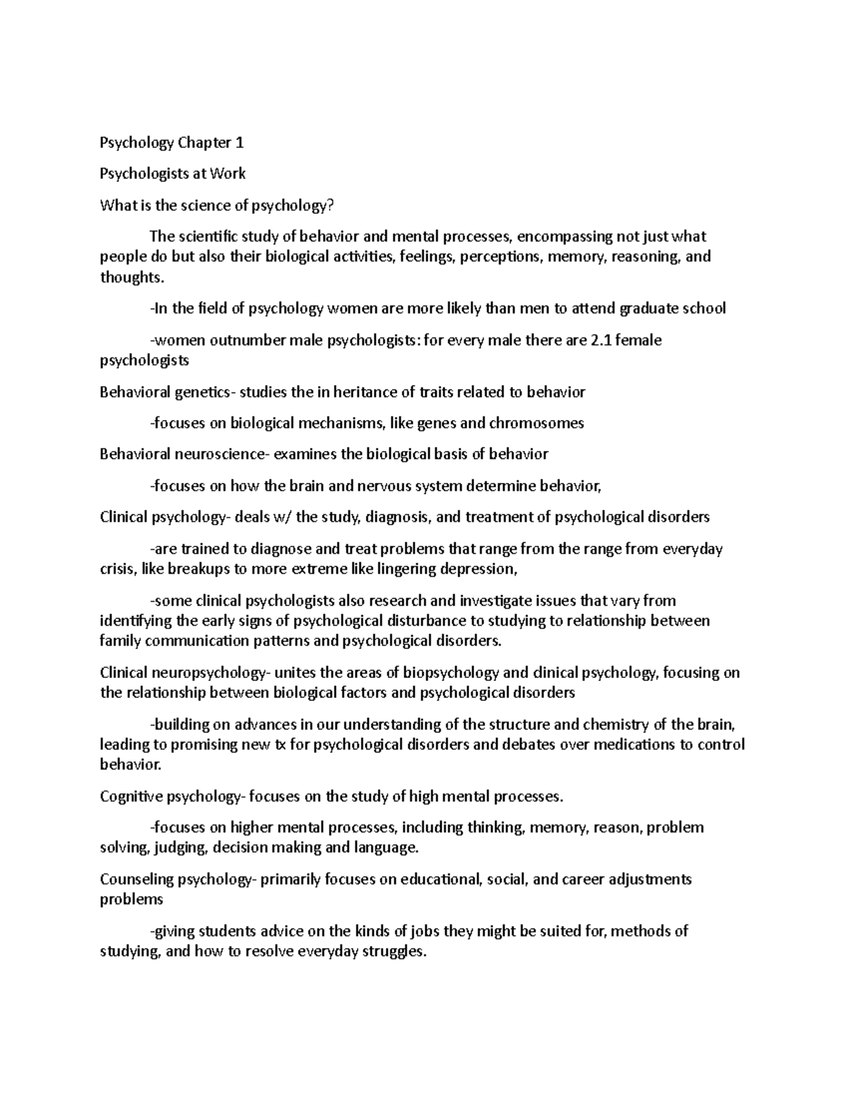 Psychology Chapter 1 -In the field of psychology women are more likely ...