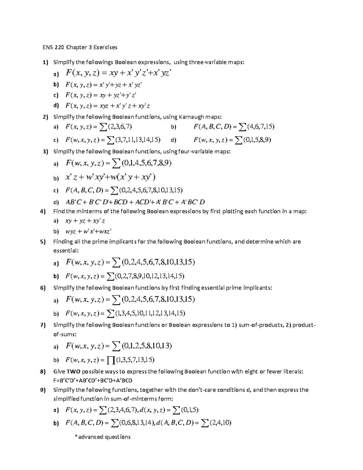 Chapter 3 Homework v2 - N/A - ENS 220 Chapter 3 Exercises 1) Simplify ...