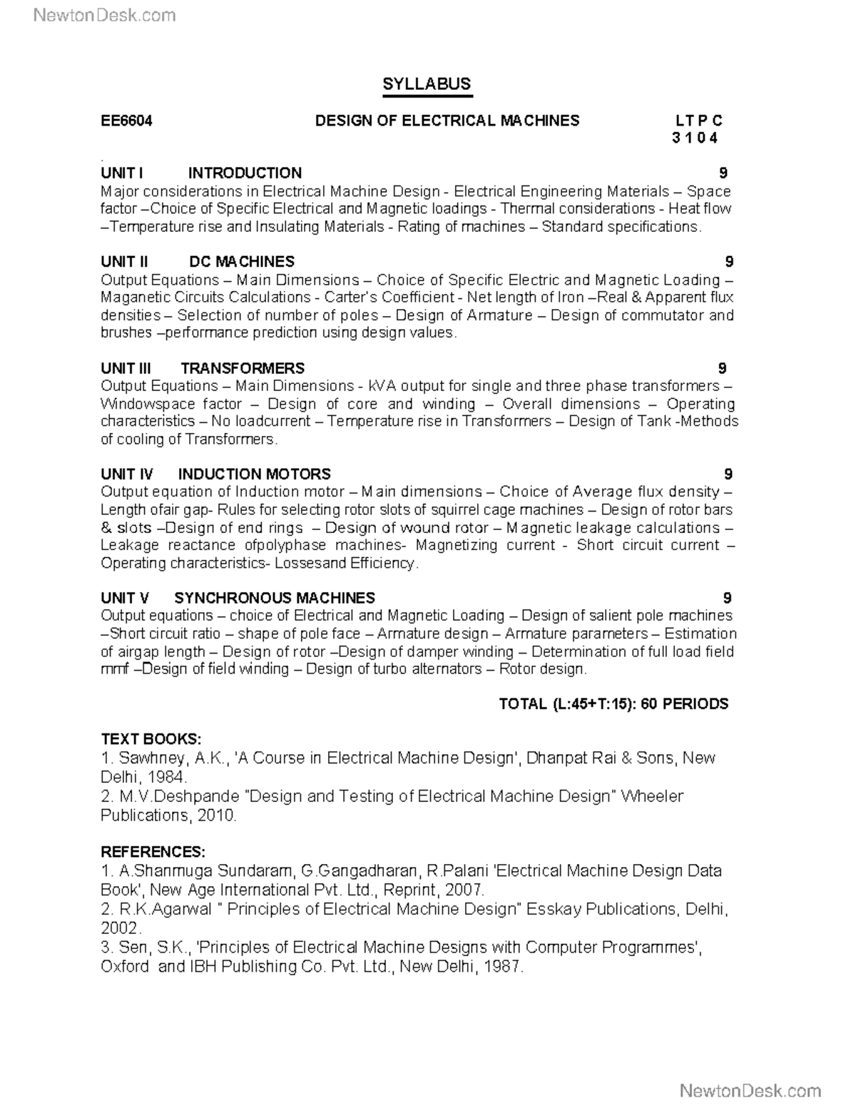 Design of Electric Machine 131 - SYLLABUS EE6604 DESIGN OF ELECTRICAL ...