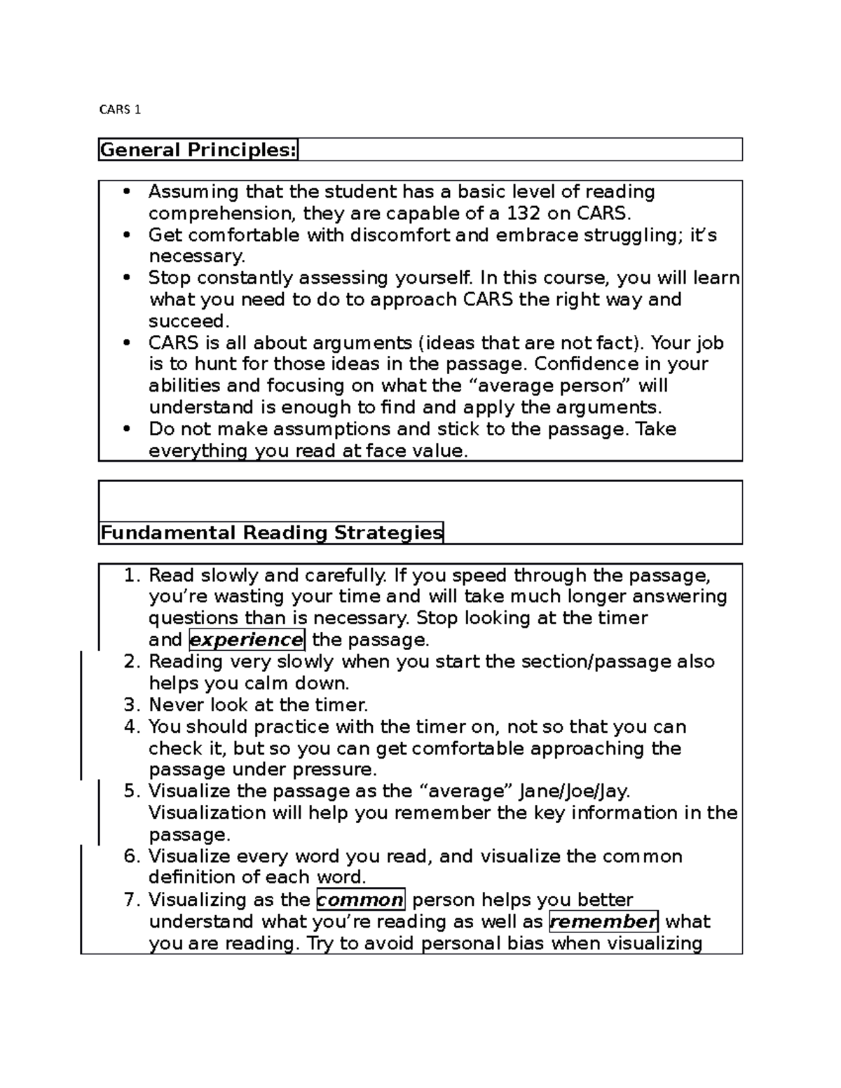 Notes for JW CARS Lectures CARS 1 General Principles Assuming that