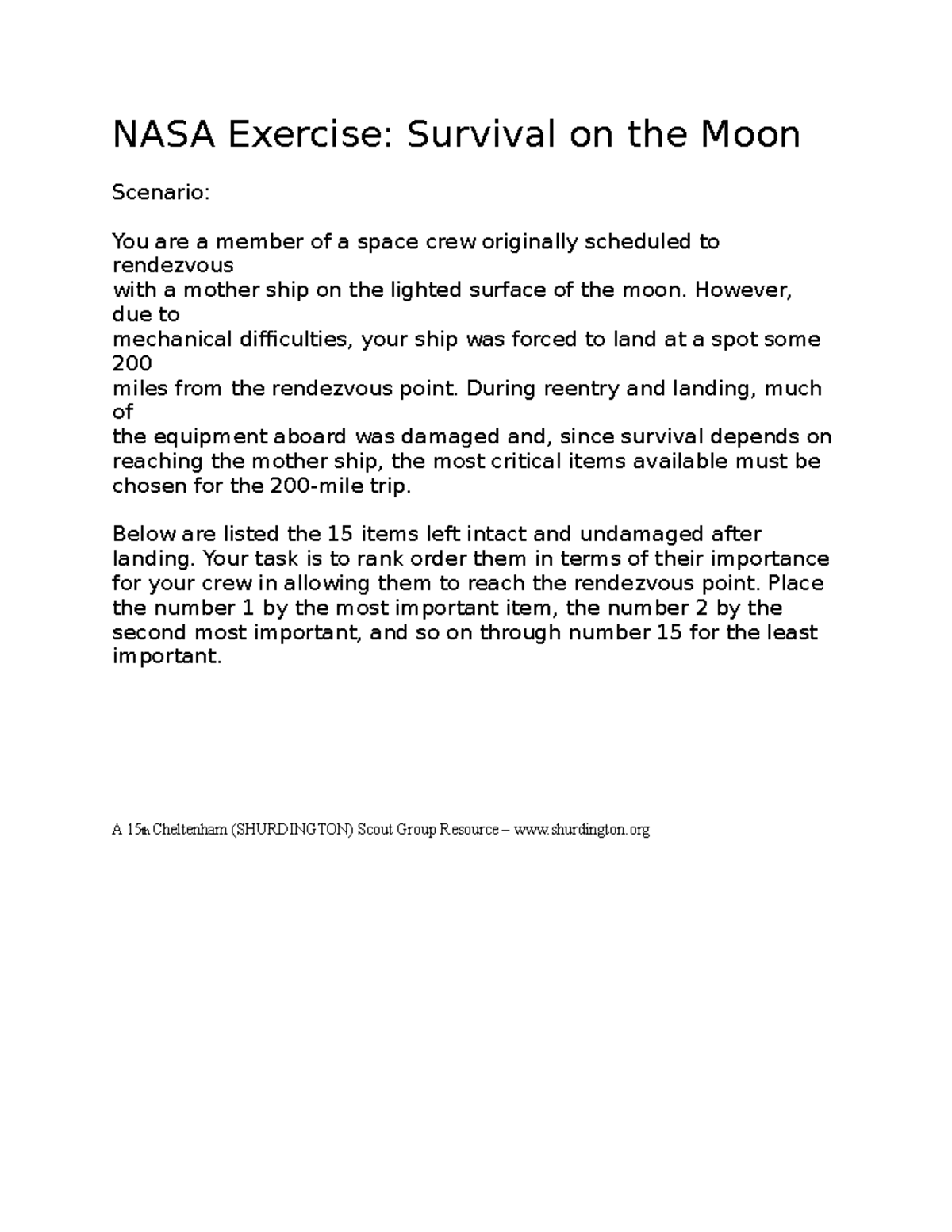 NASA Exercise - Practice - NASA Exercise: Survival on the Moon Scenario ...