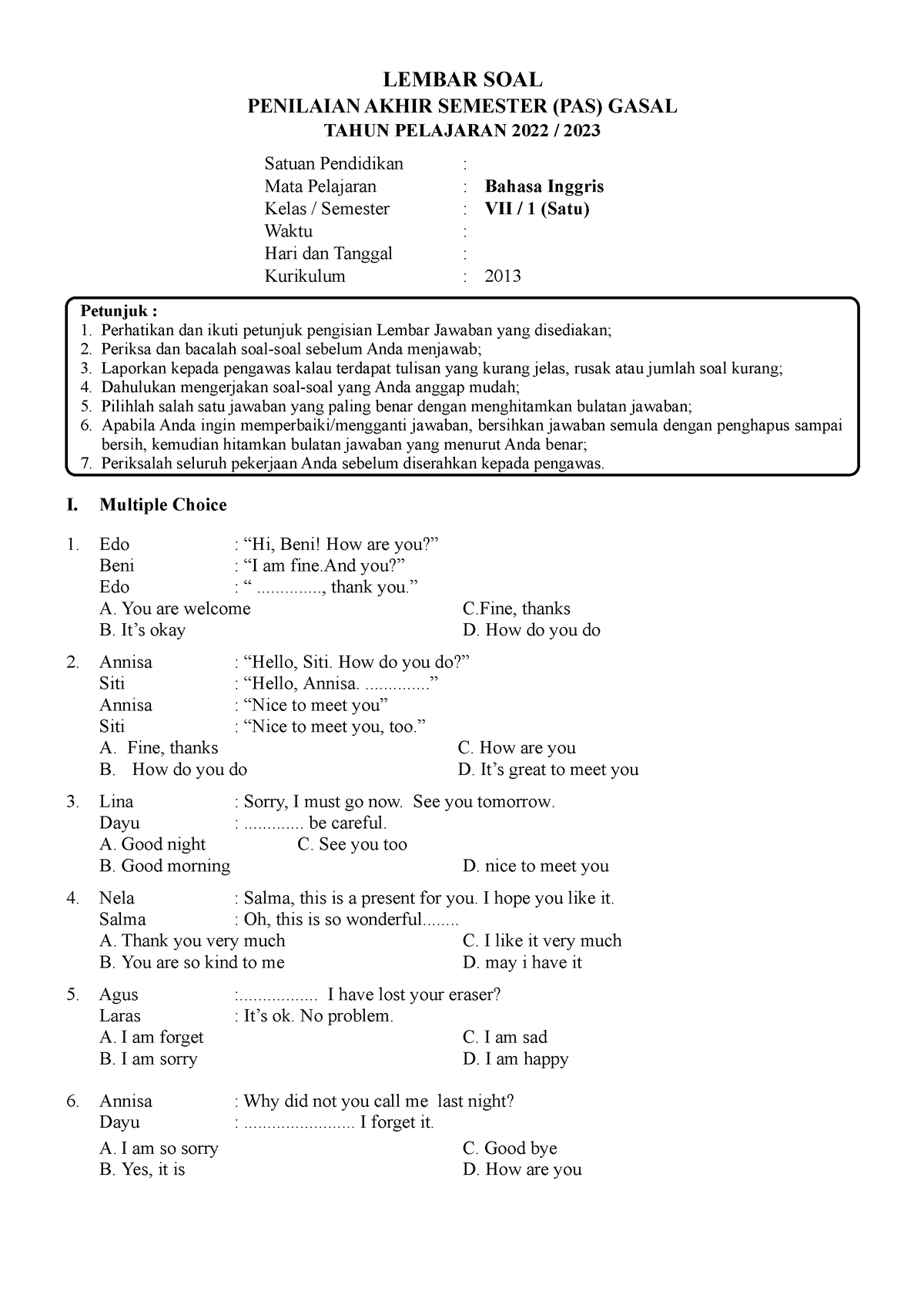 Soal PAS B.Ing Kelas 7 - English Pas - LEMBAR SOAL PENILAIAN AKHIR ...