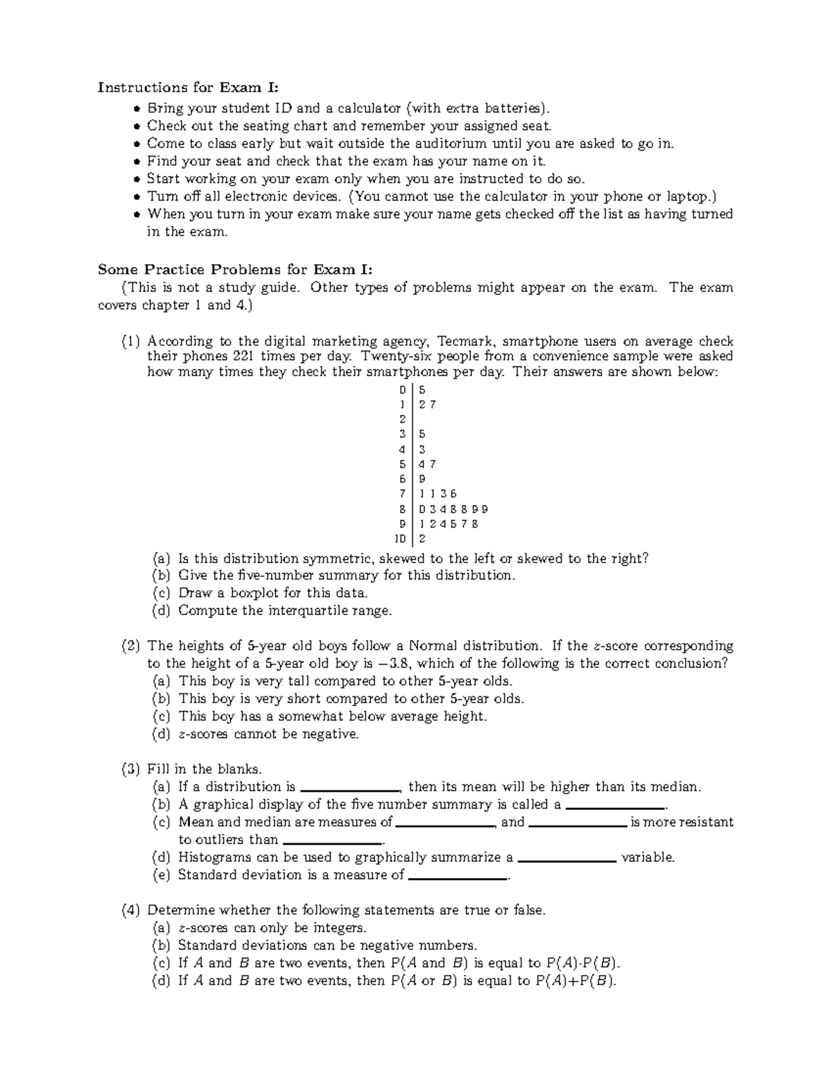 Exam practice 1 Exam Prep Instructions for Exam I Bring your