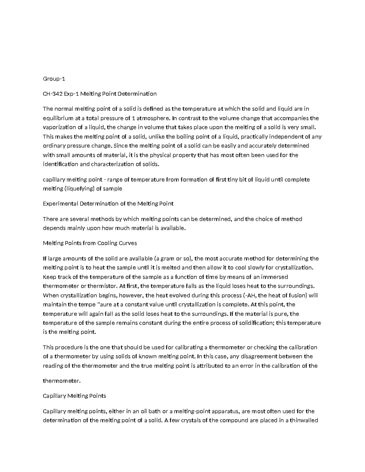 Organic 1 lab sheet - some notes - Group- CH-342 Exp-1 Melting Point ...