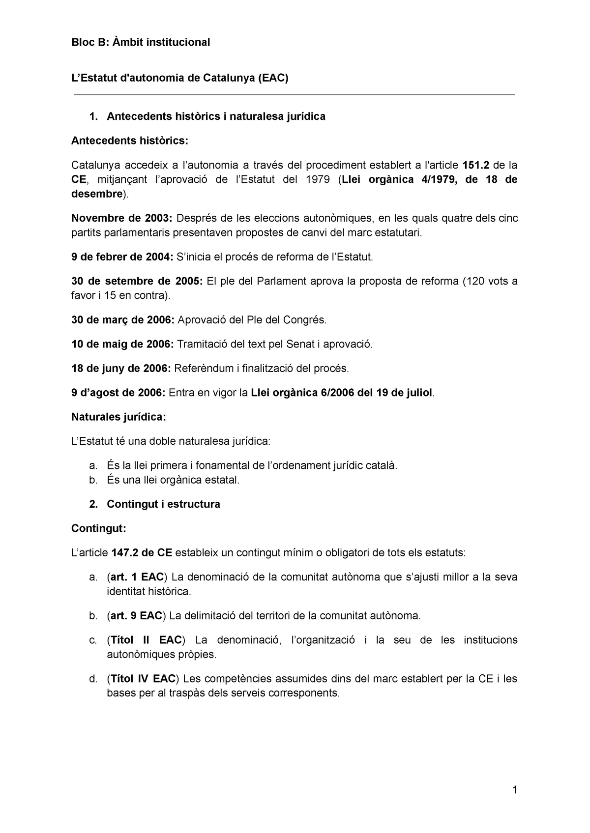 Bloc B Àmbit Institucional - L’Estatut D'autonomia De Catalunya (EAC) 1 ...