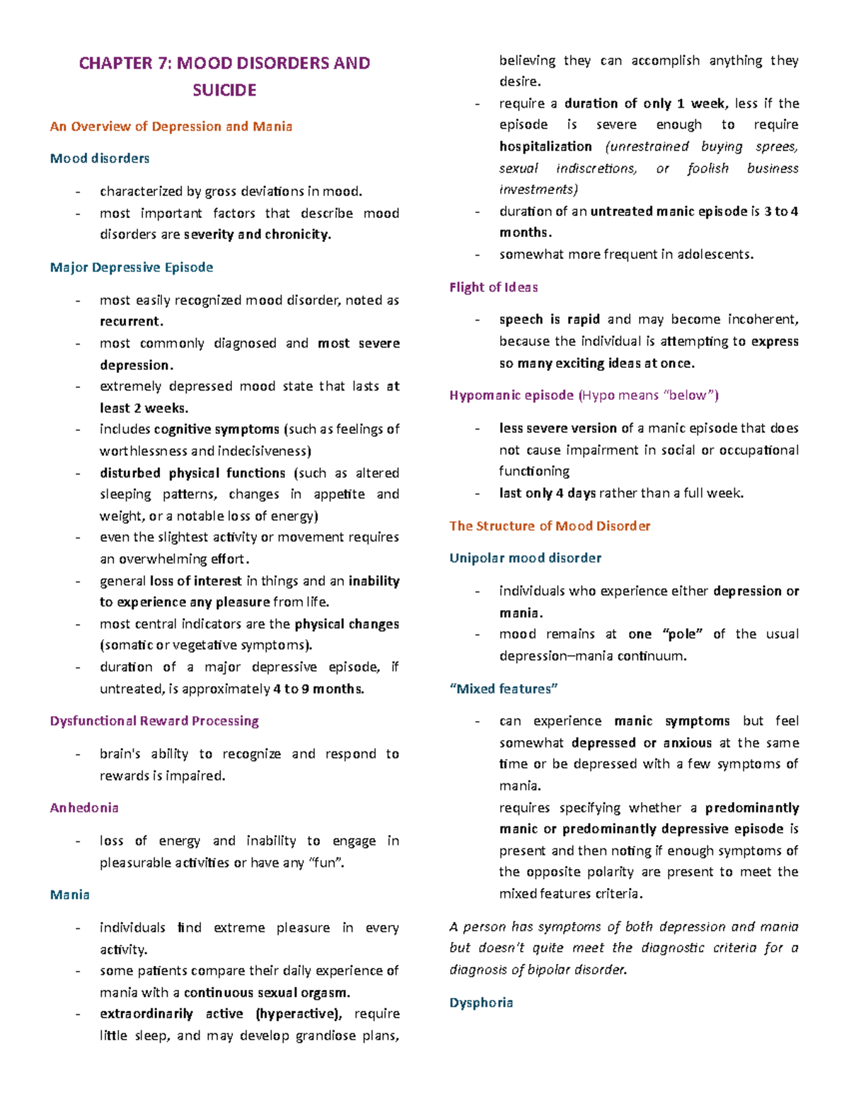 CHAP7-ABPSY - Chapter 7 ABPSY - Psychopathology - CHAPTER 7: MOOD ...