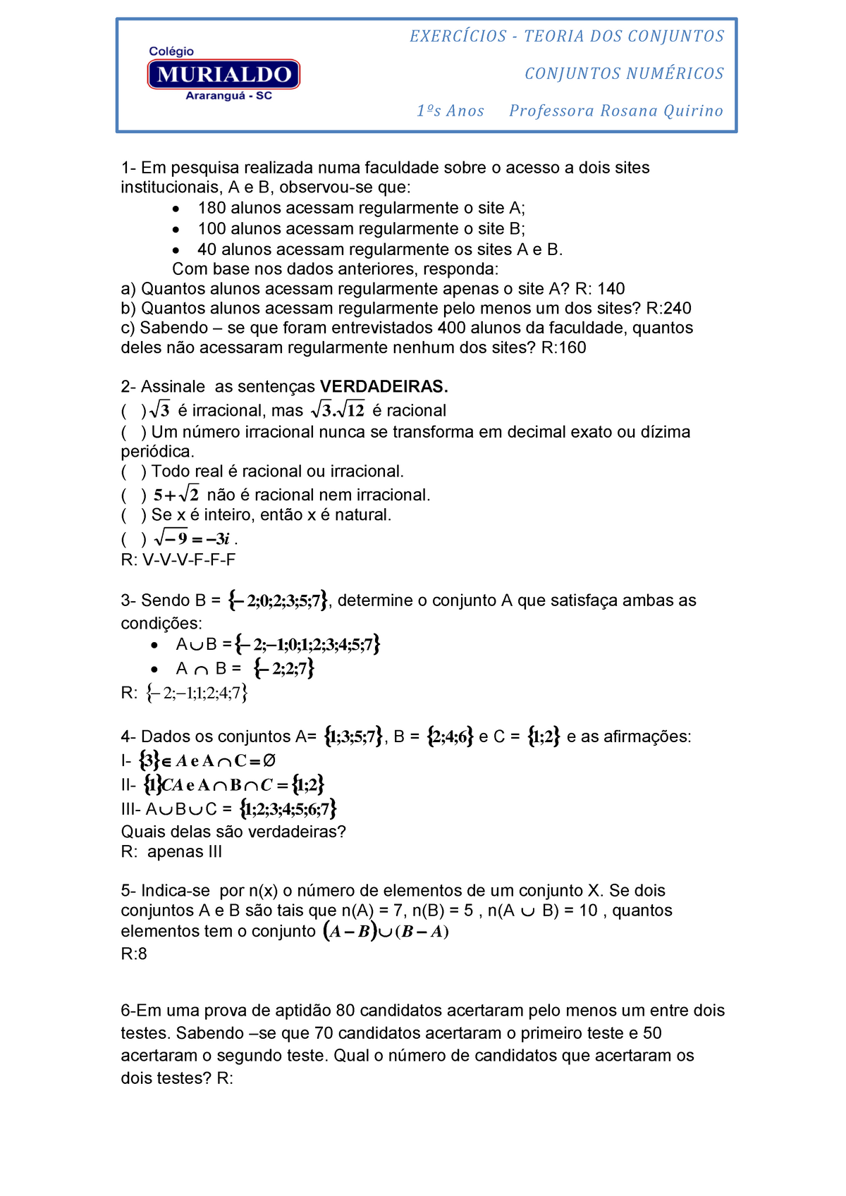 Exercício Teoria Dos Conjuntos - EXERC ÍCI OS - TE ORI A DOS CON JUN TO ...