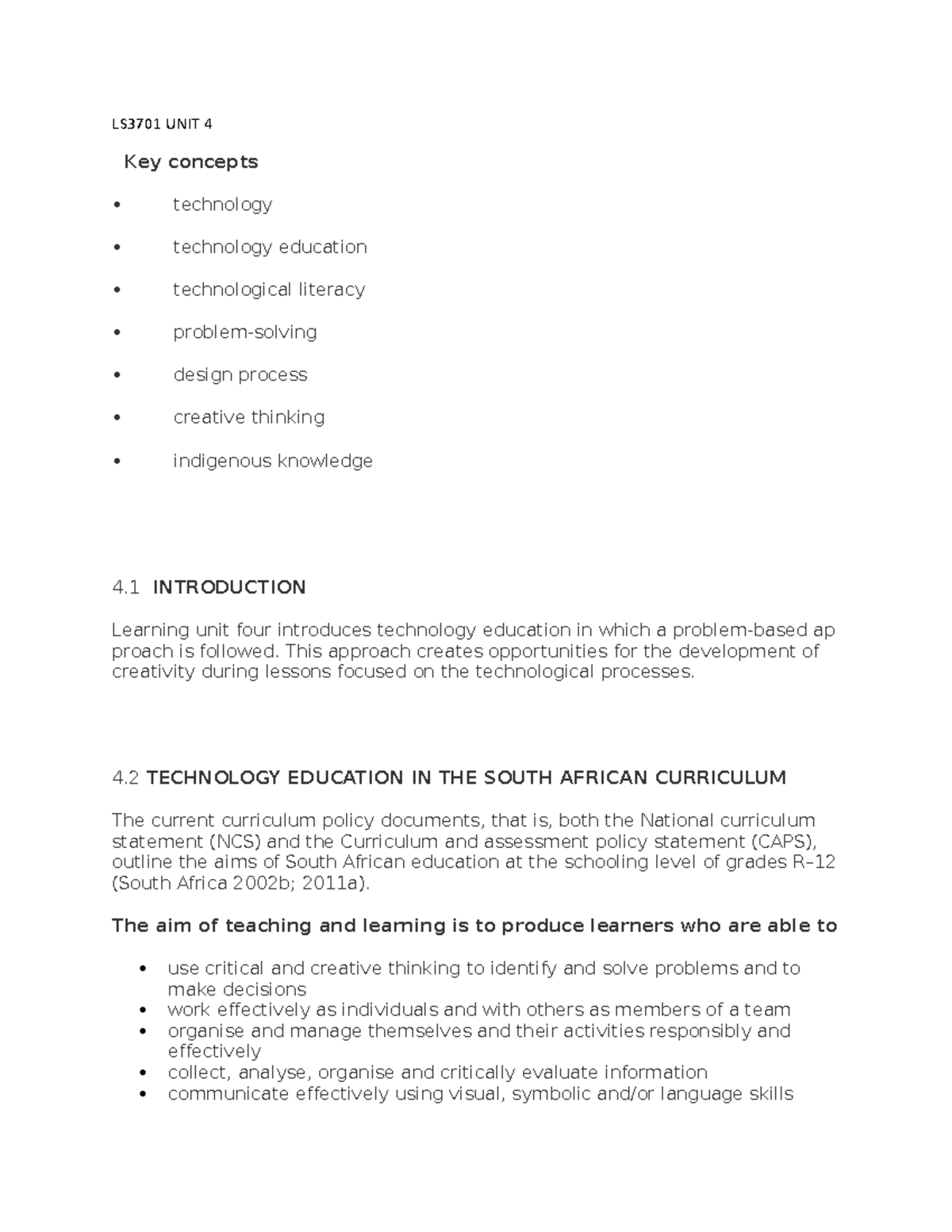 LS3701 UNIT 4 - UNIT 4 NOTES - LS3701 UNIT 4 Key Concepts Technology ...