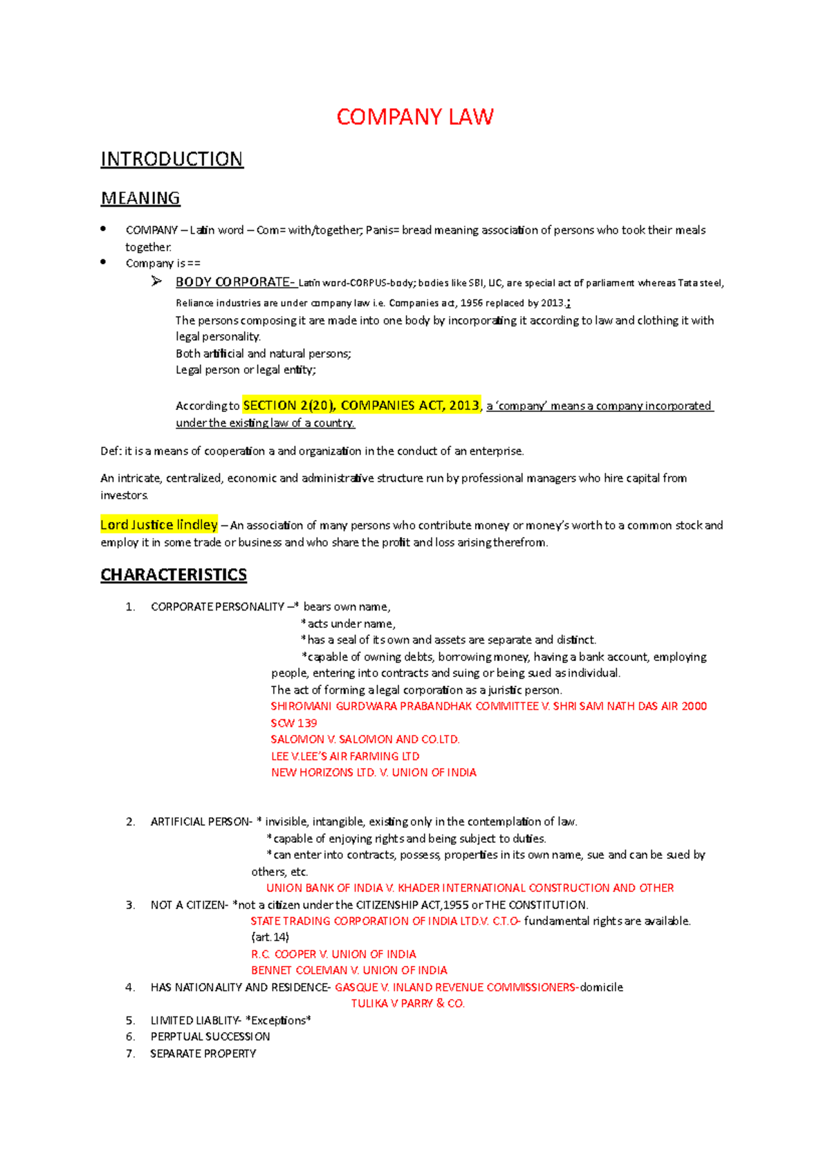 Company LAW - Lecture notes 1,2,3 - COMPANY LAW INTRODUCTION MEANING ...