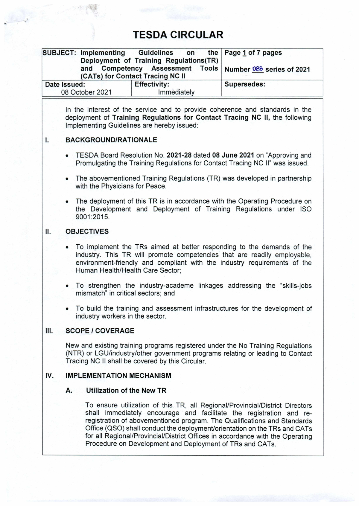 Tesda Circular No. 088-2021 - SUBJECT: Implementing Guidelines On The ...