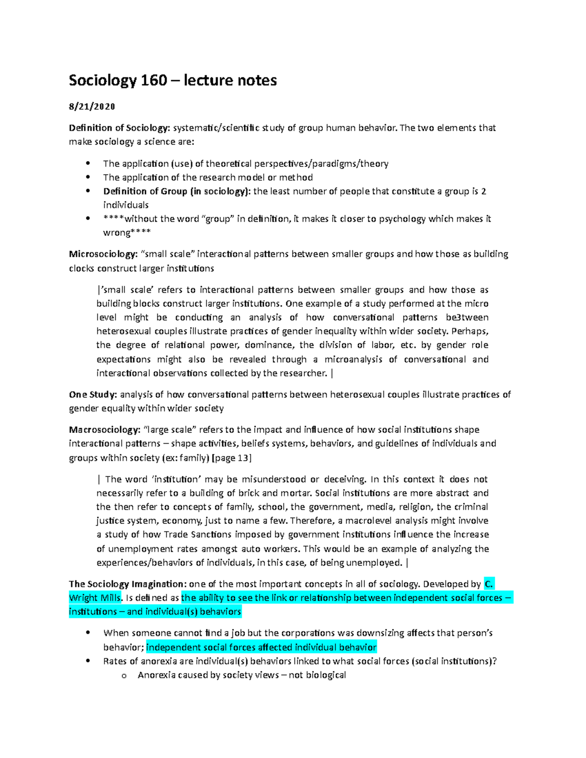 Sociology 160 - Lecture Notes Chapter 1 - Sociology 160 – Lecture Notes ...