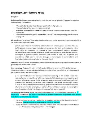 Sociology 160 - lecture notes ch 5 - Sociology 160 – lecture notes ...