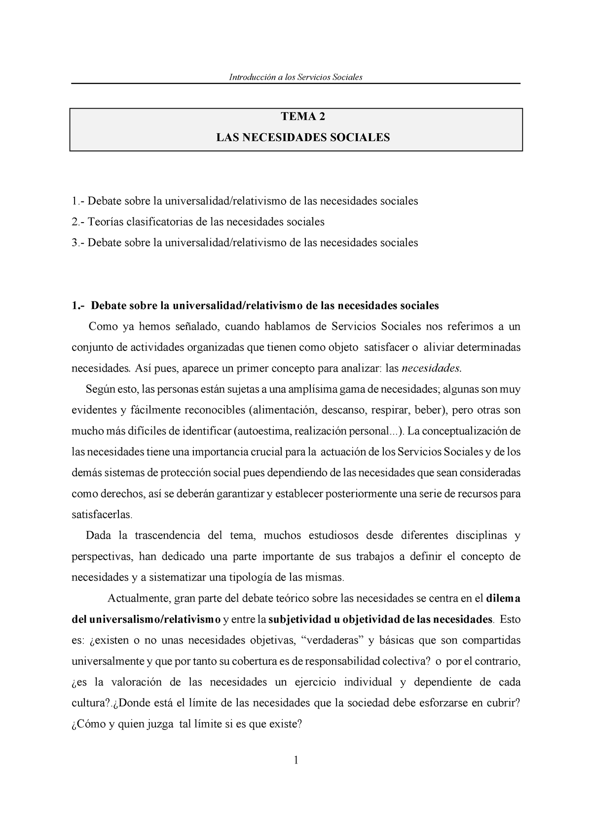 Introduccion A Los Servicios Sociales Tema 2 Las Necesidades Sociales 1 Debate Sobre La 3901