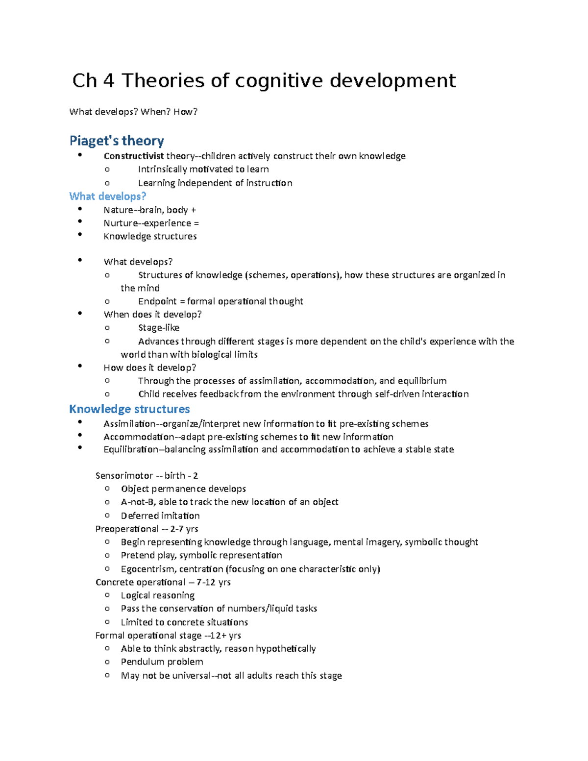 Ch 4 Theories of cognitive development - Ch 4 Theories of cognitive ...