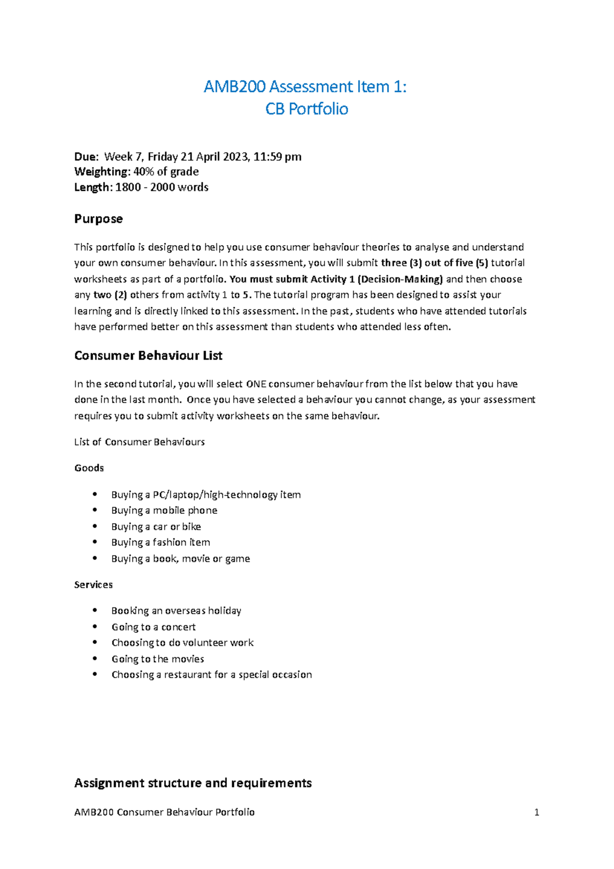 AMB200 Assignment 1 CB Portfolio Task Instructions1 AMB200