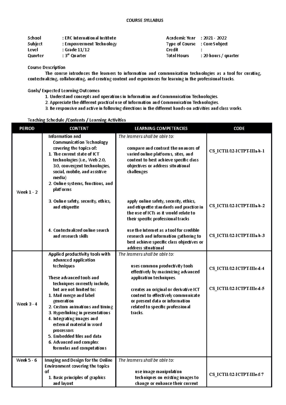 Em Tech Course Plan Q3-2021 - COURSE SYLLABUS School : ERC ...