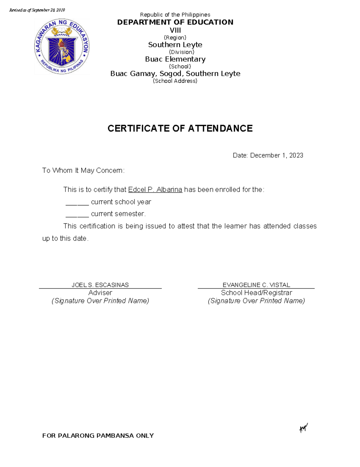 2020 Certificate of Attendance - Republic of the Philippines DEPARTMENT ...