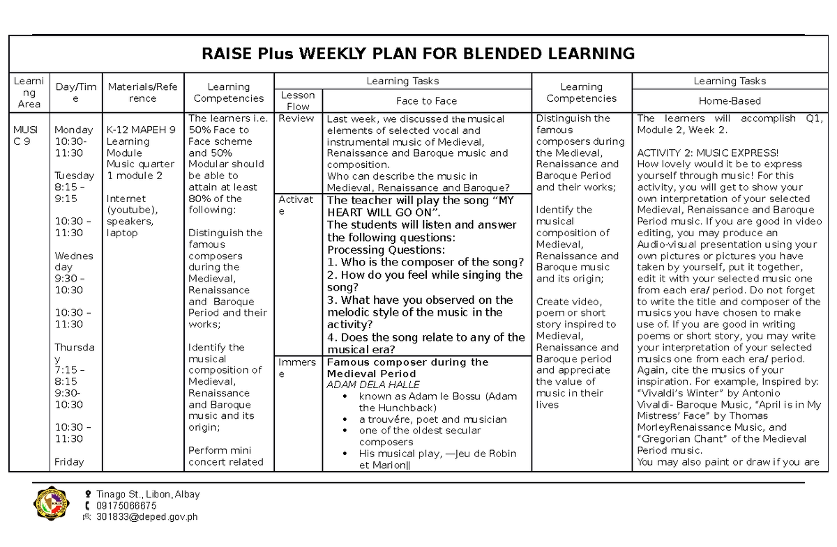 Raiseplus Music 9 Q1 WK2 RAISE Plus WEEKLY PLAN FOR BLENDED LEARNING