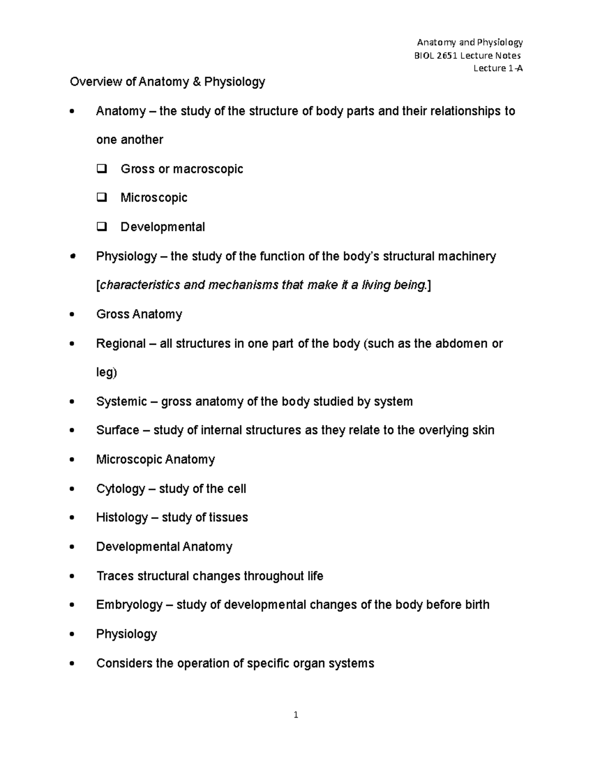 2021-BIOL 2651-Anatomy-Physiology-Lecture-1A-Intro - Lecture 1-A ...