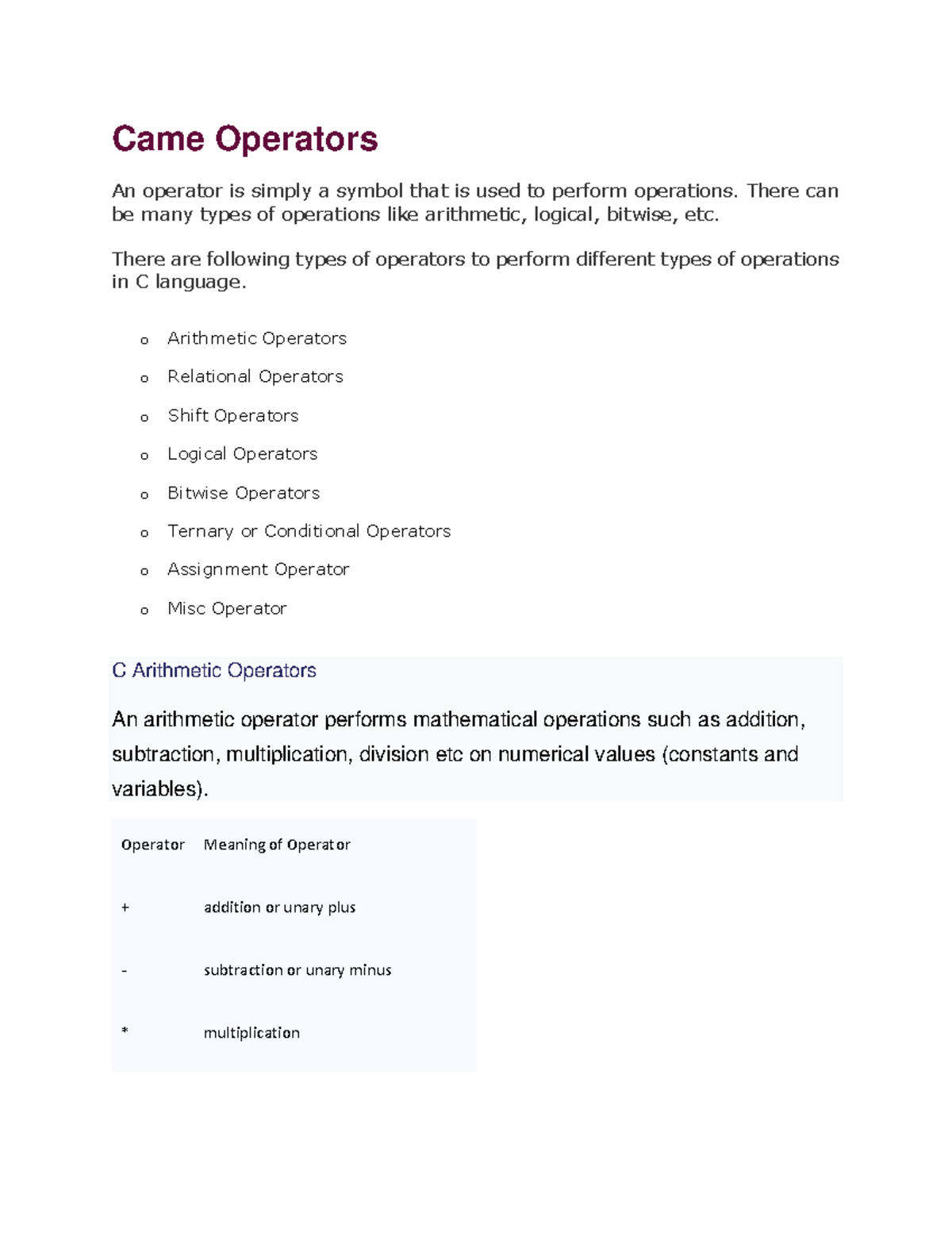 C module 2 - It's lecture notes - Came Operators An operator is simply ...