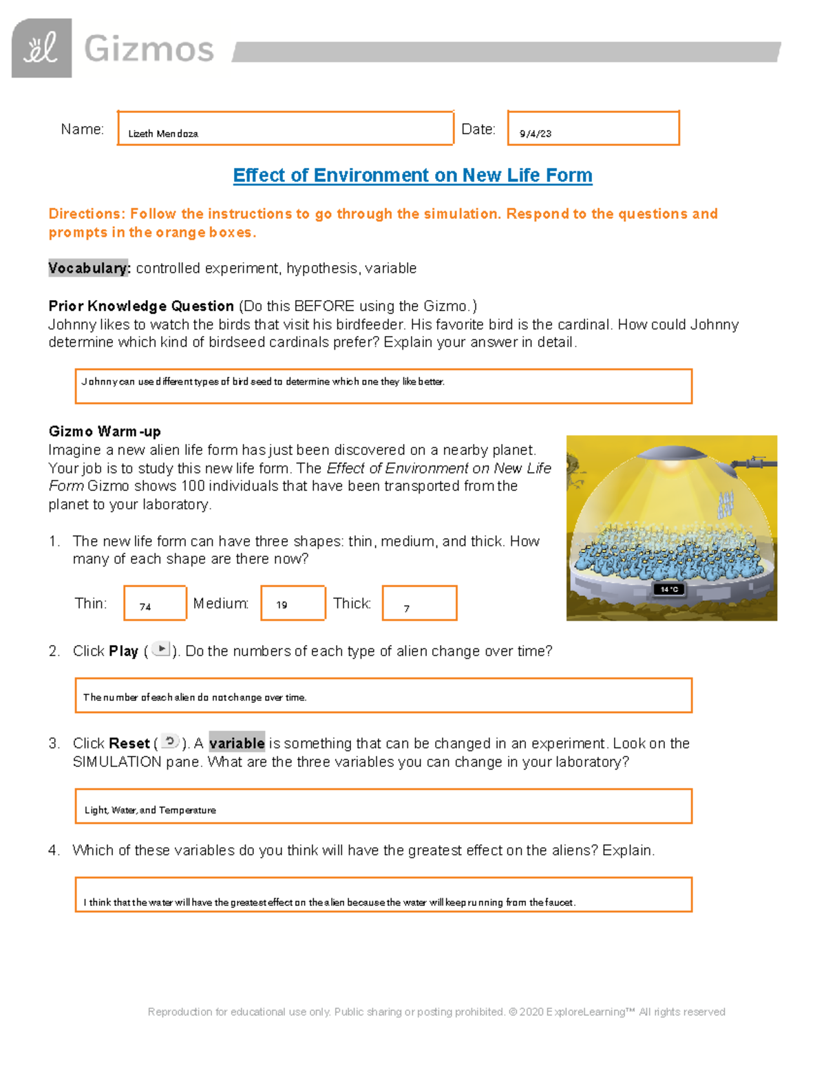 Effect of Enviroment on New Life Form Gizmo Name Date Effect of Environment on New Life Form