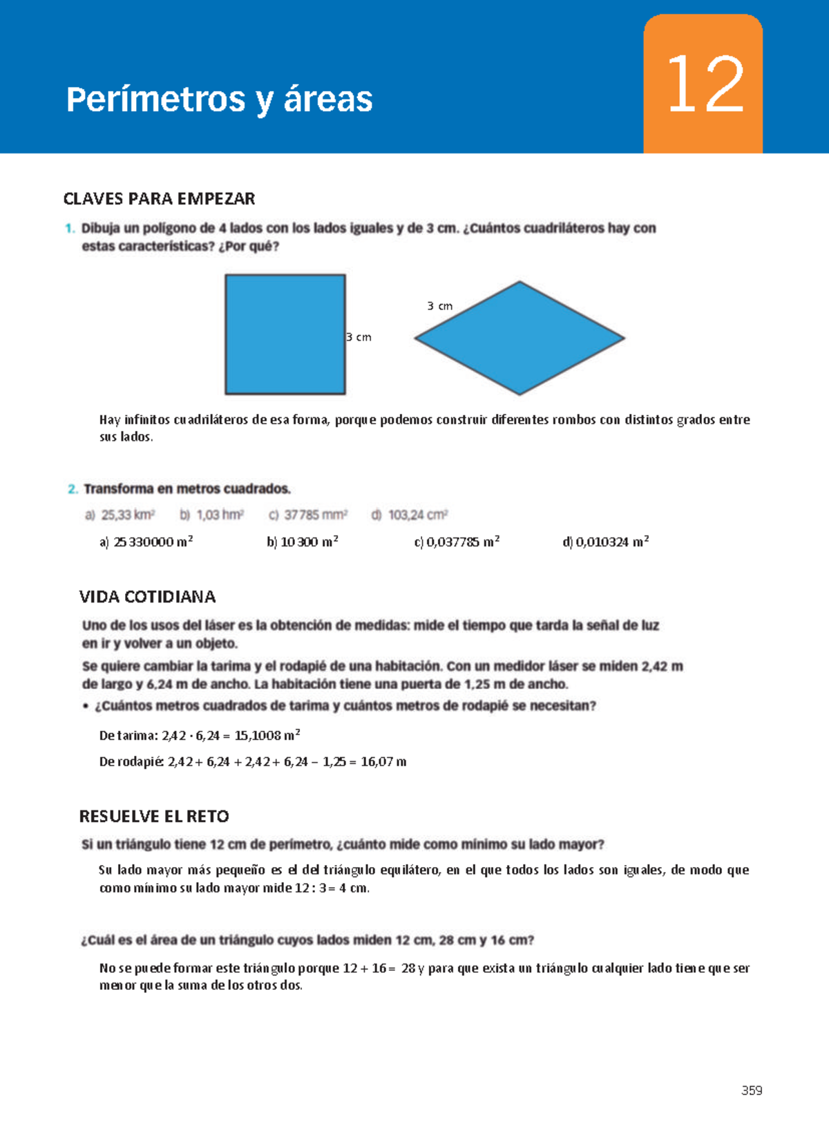 Solucionario Matematicas 1 ESO Santillana TEMA 12 Perimetros y areas ...