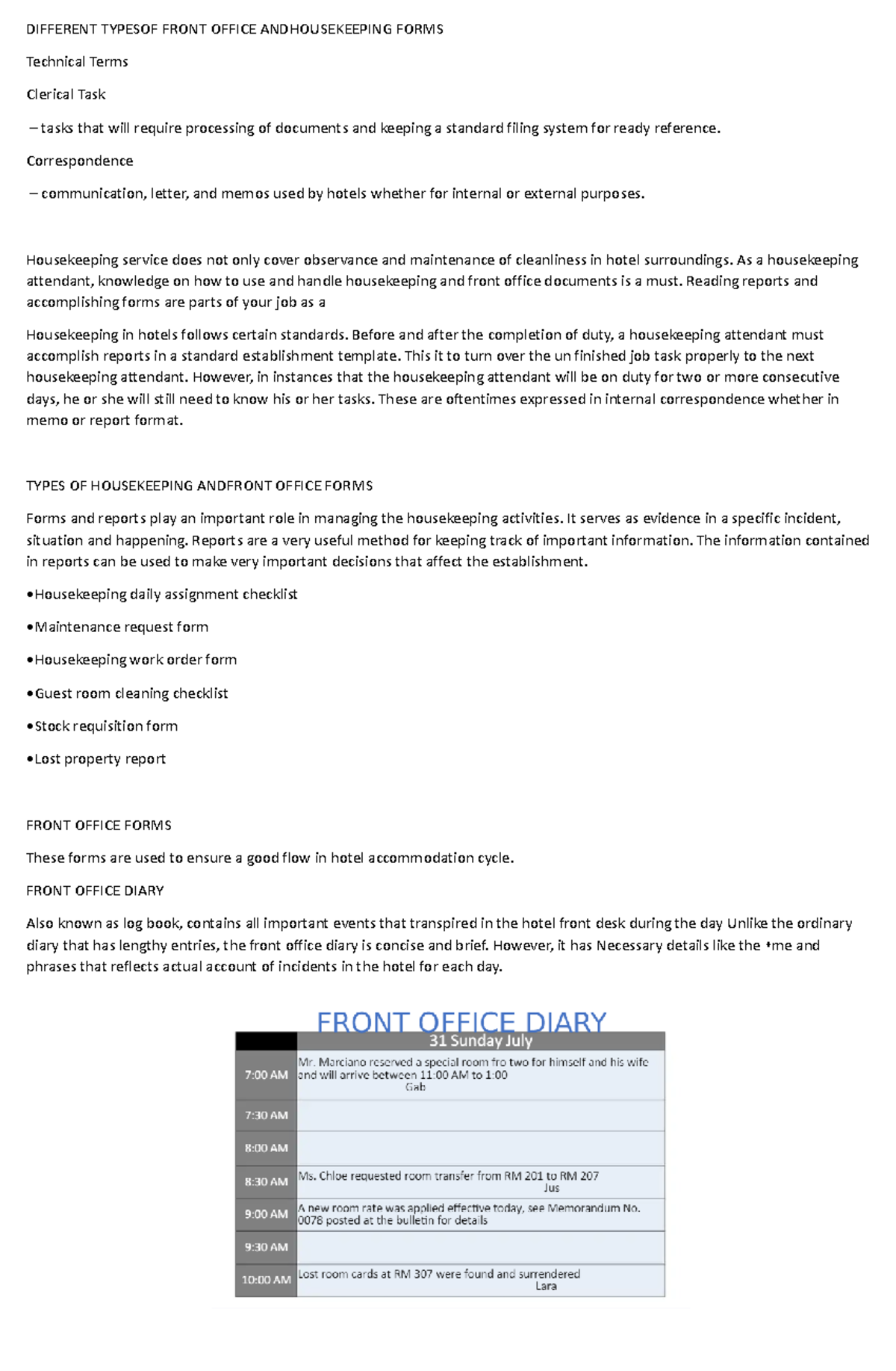 Different Typesof Front Office Andhousekeeping Forms - DIFFERENT ...