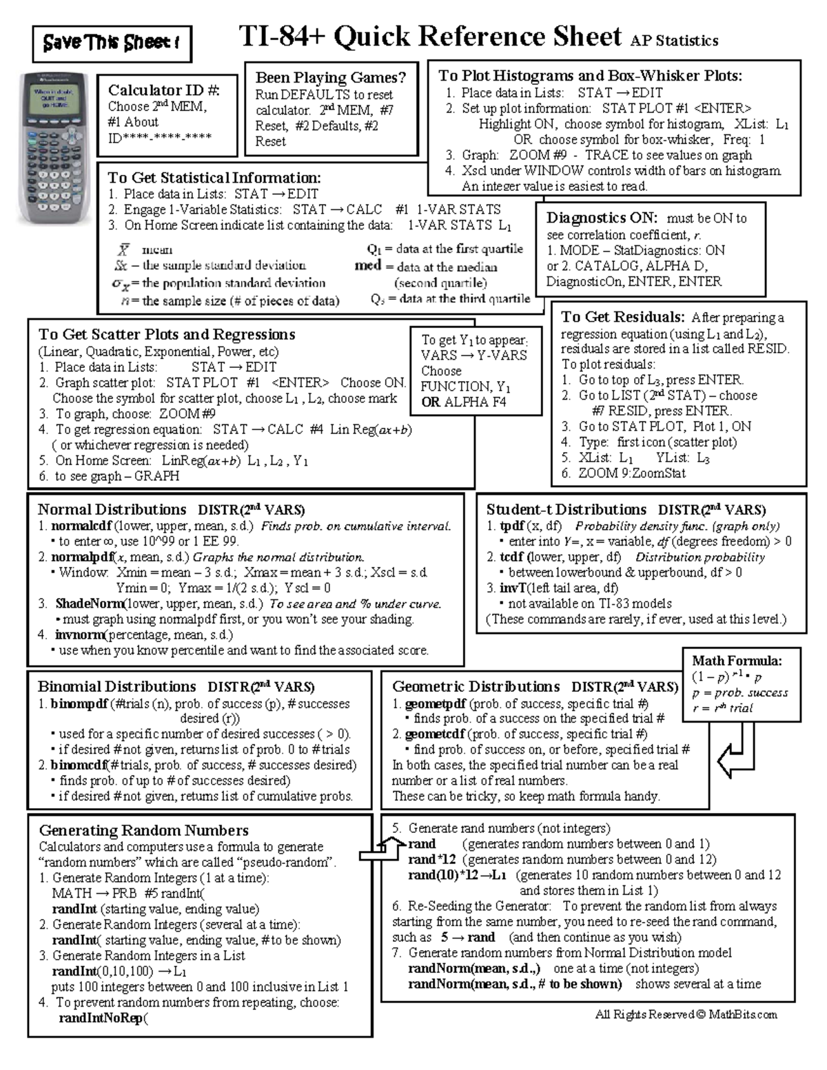 TI 84 Guide FOR Statistics - All Rights Reserved © MathBits Save This 