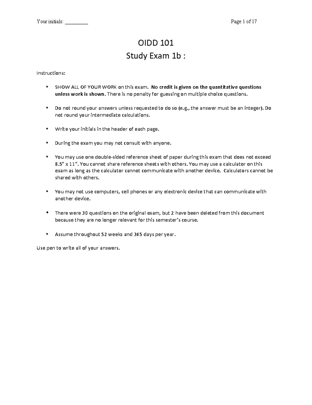 OIDD101 Practice Exam 1b - OIDD 101 Study Exam 1b : Instructions: SHOW ...